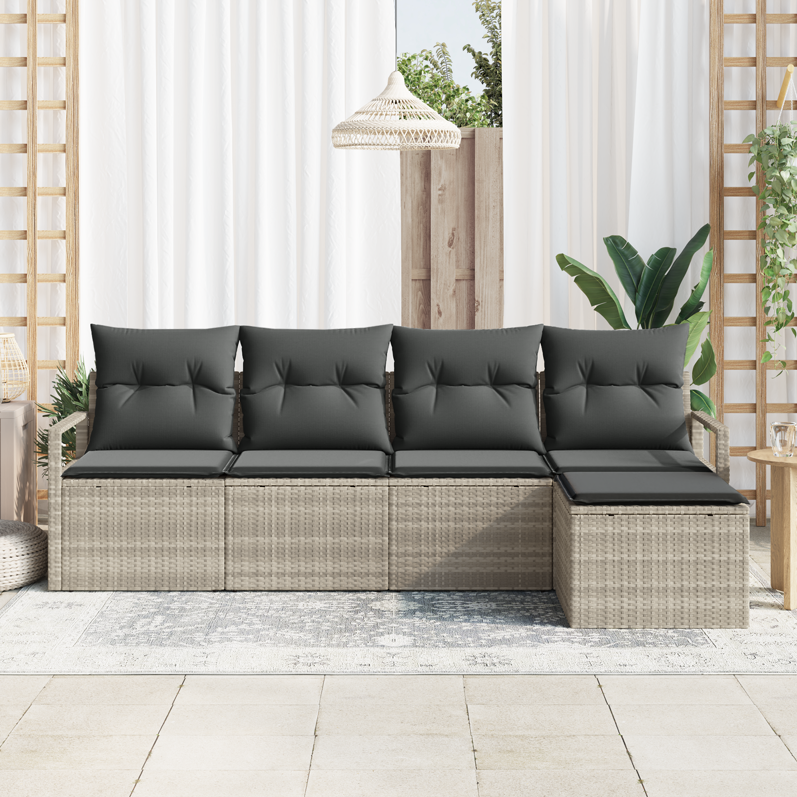 vidaXL 5-delige Tuinbankenset met kussens poly rattan lichtgrijs