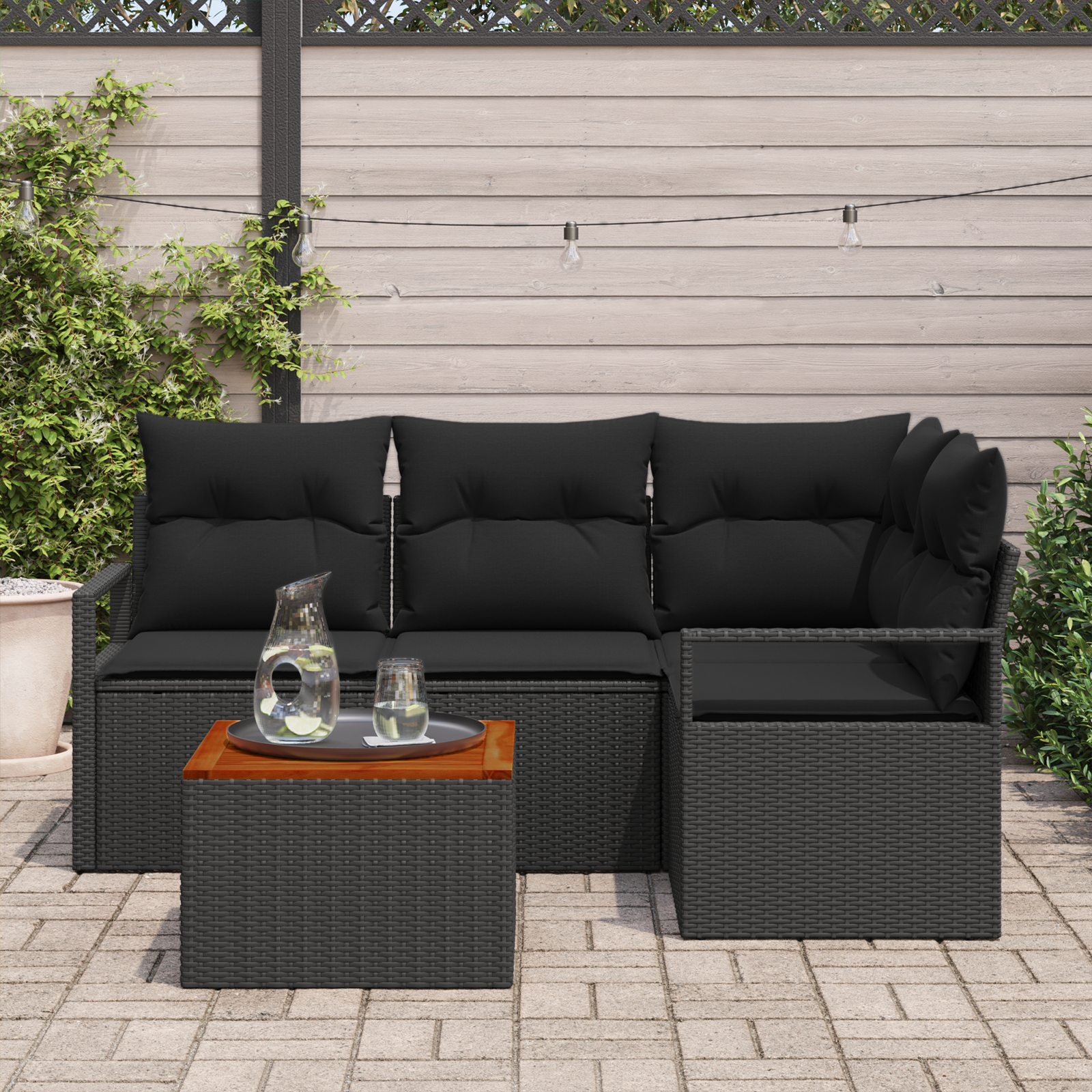 vidaXL 5-delige Tuinbankenset met kussens poly rattan acacia zwart