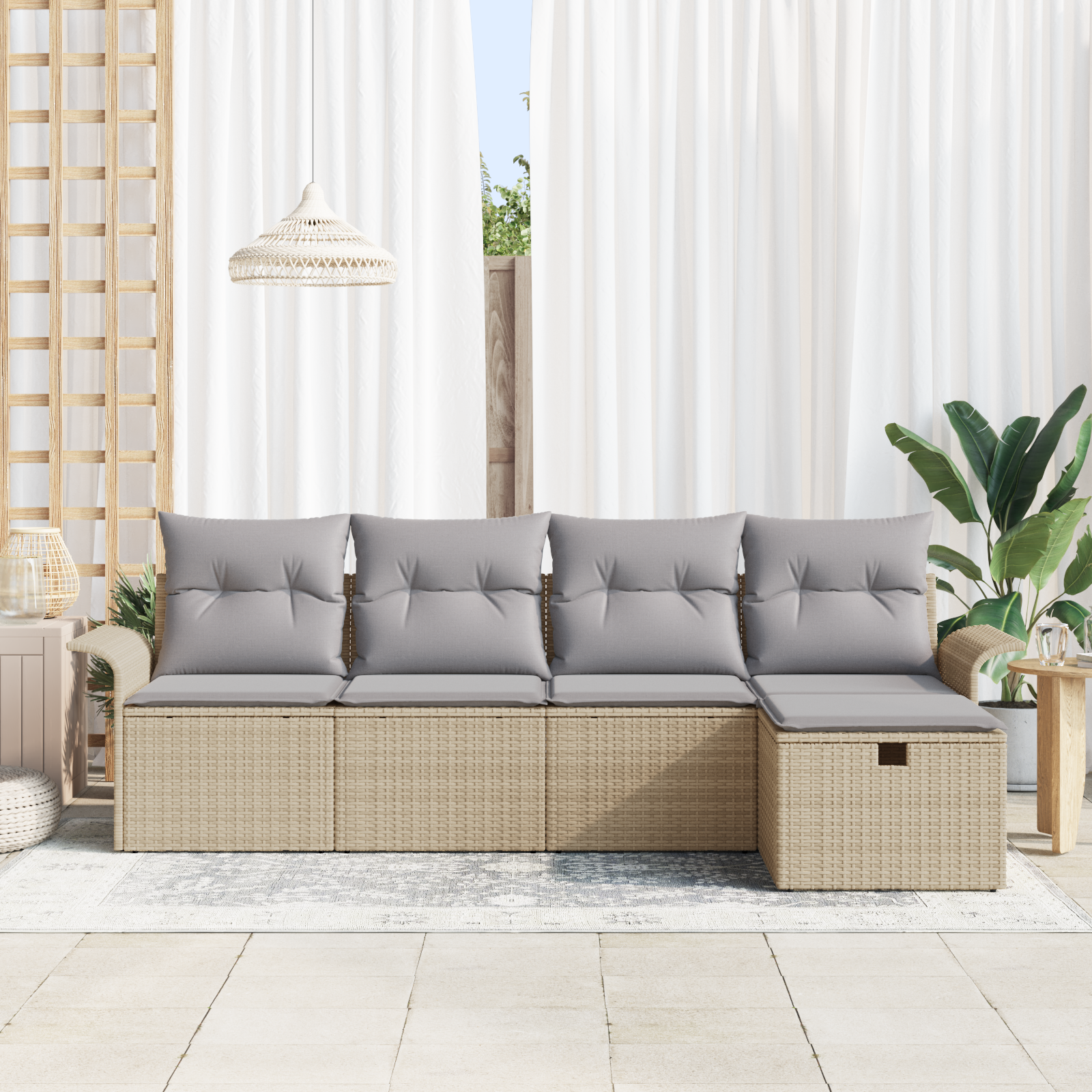 vidaXL 5-delige Tuinbankenset met kussens poly rattan beige