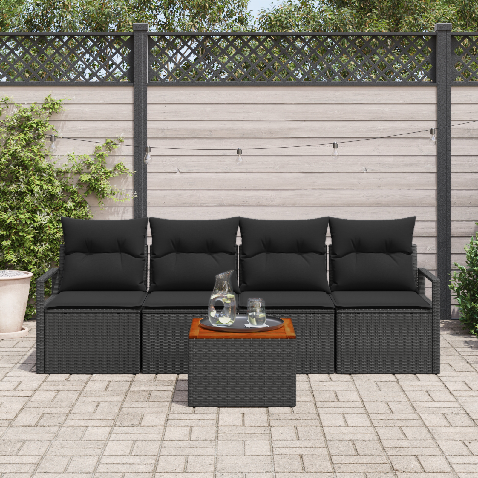 vidaXL 5-delige Tuinbankenset met kussens poly rattan acacia zwart