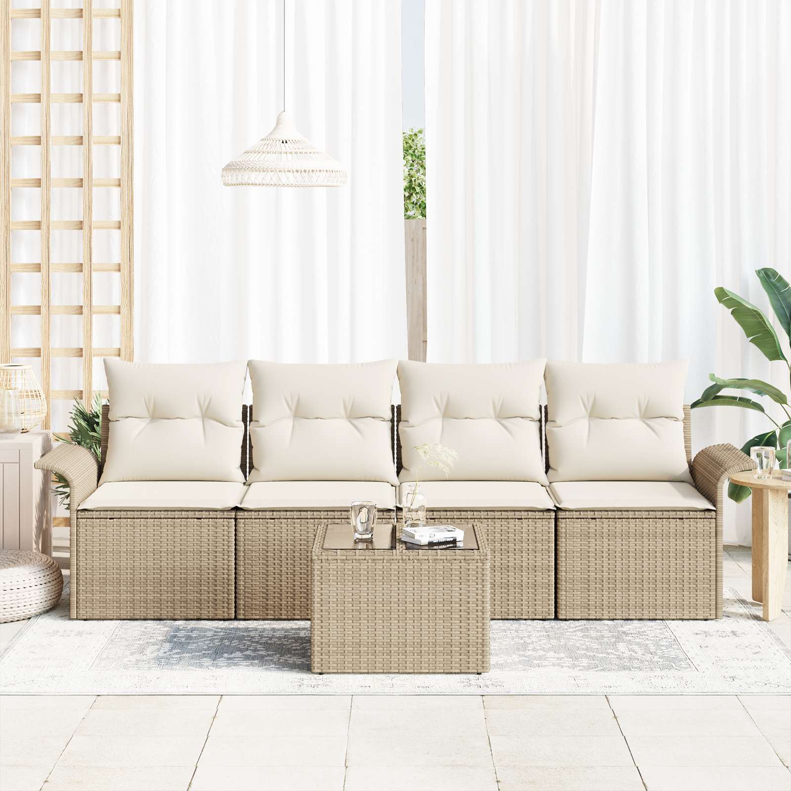 vidaXL 5-delige Tuinstoelset met Kussens - Beige Poly Rattan.