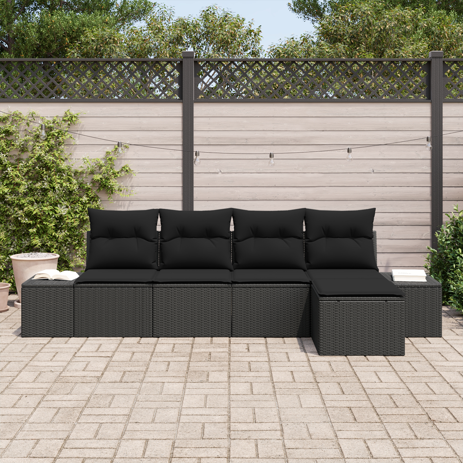 vidaXL 5-delige Tuinbankenset met kussens poly rattan zwart