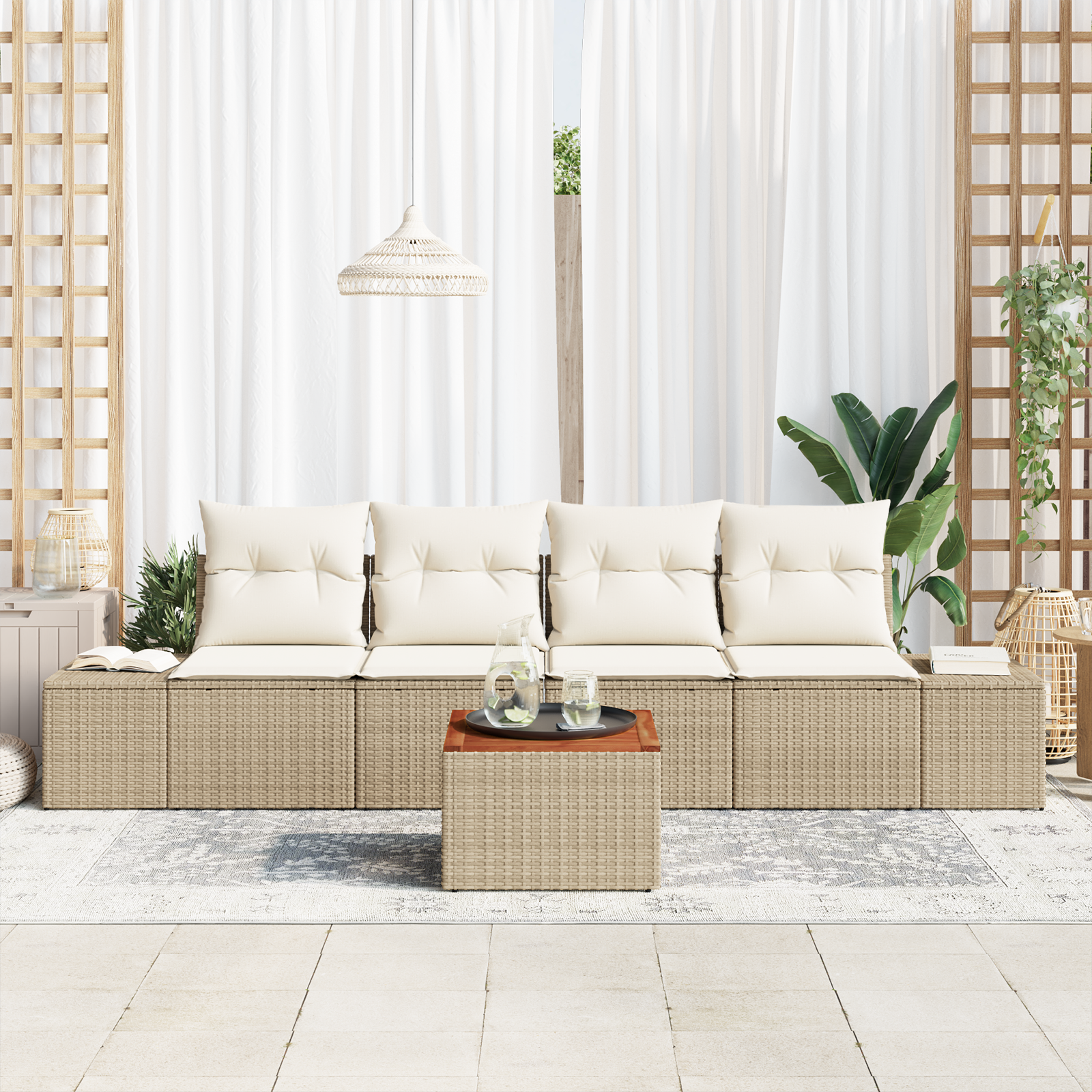 vidaXL 5-delige Tuinbankenset met kussens poly rattan acaciahout beige