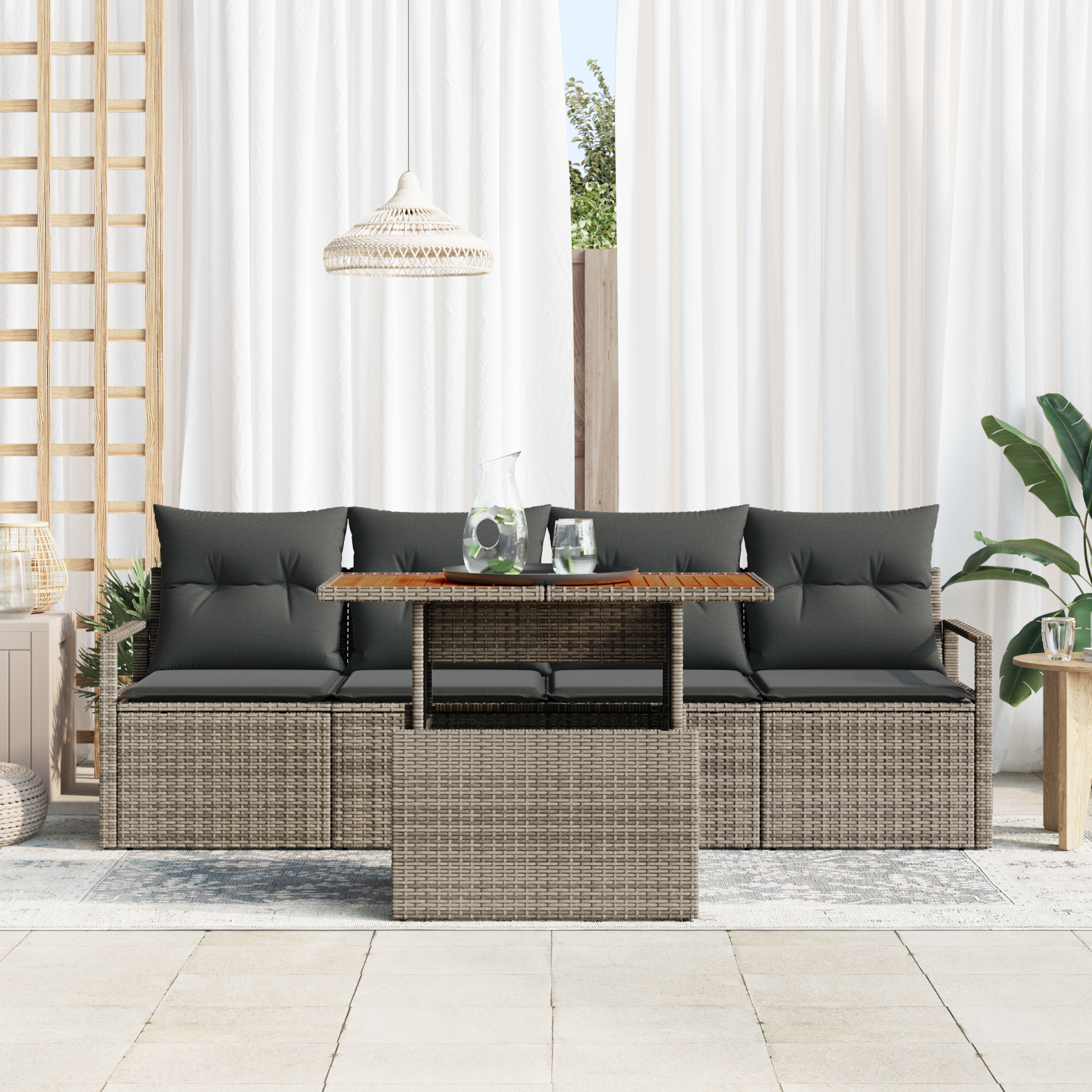 vidaXL 5-delige Tuinbankenset met kussens poly rattan acacia grijs