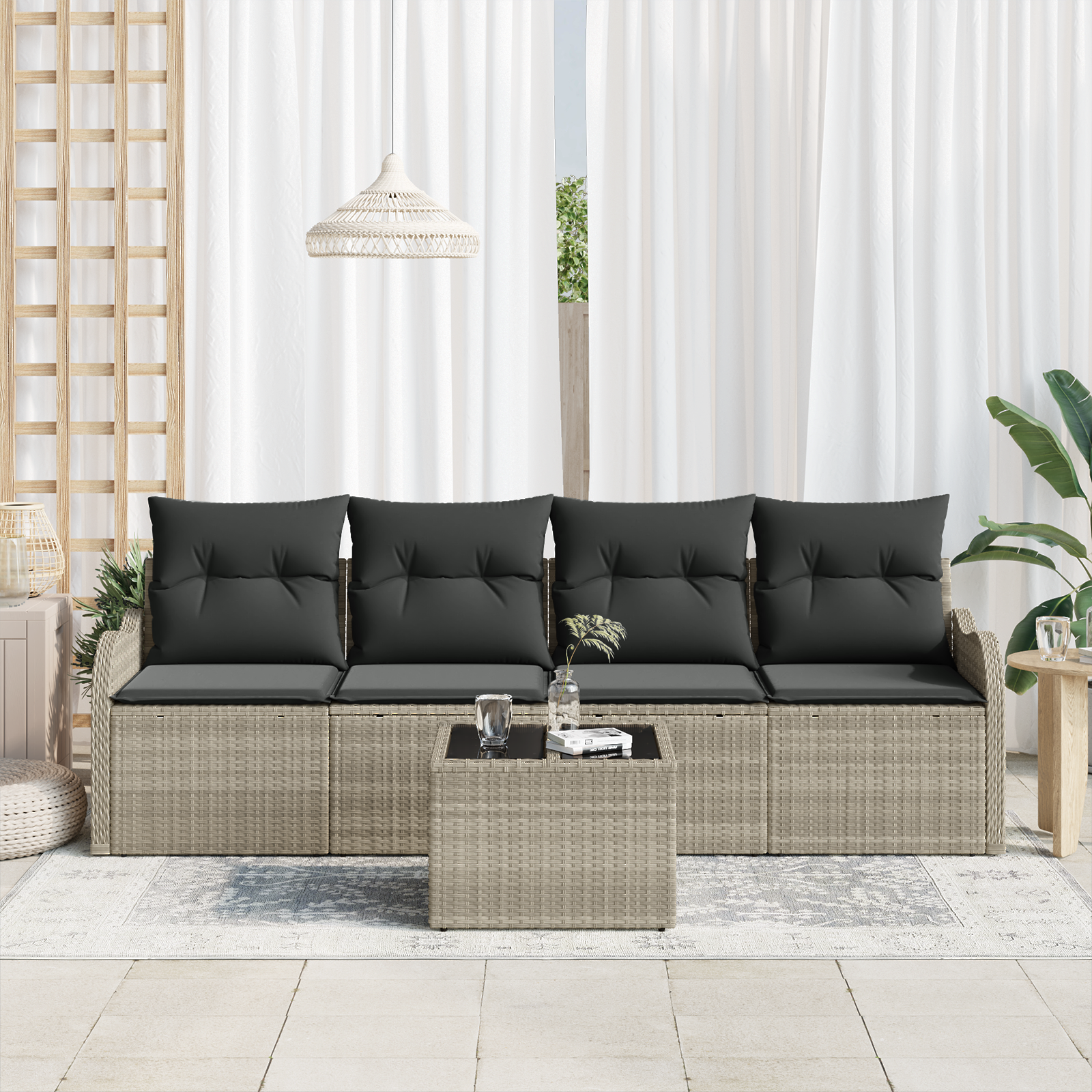 vidaXL 5-delige tuinset met kussens in lichtgrijs poly rattan