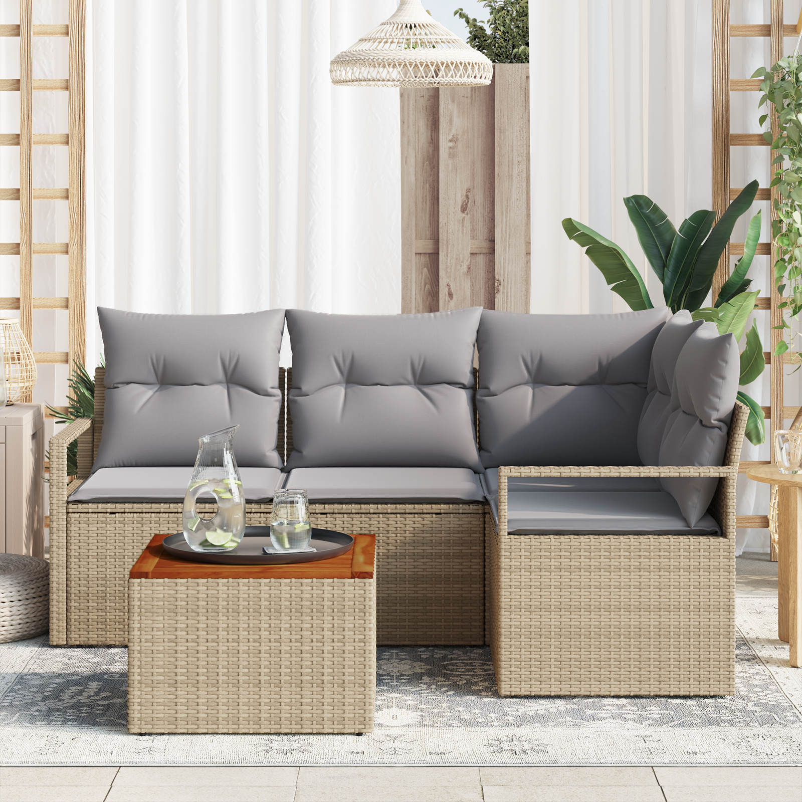 vidaXL 5-delige Tuinbankenset met kussens poly rattan acacia beige