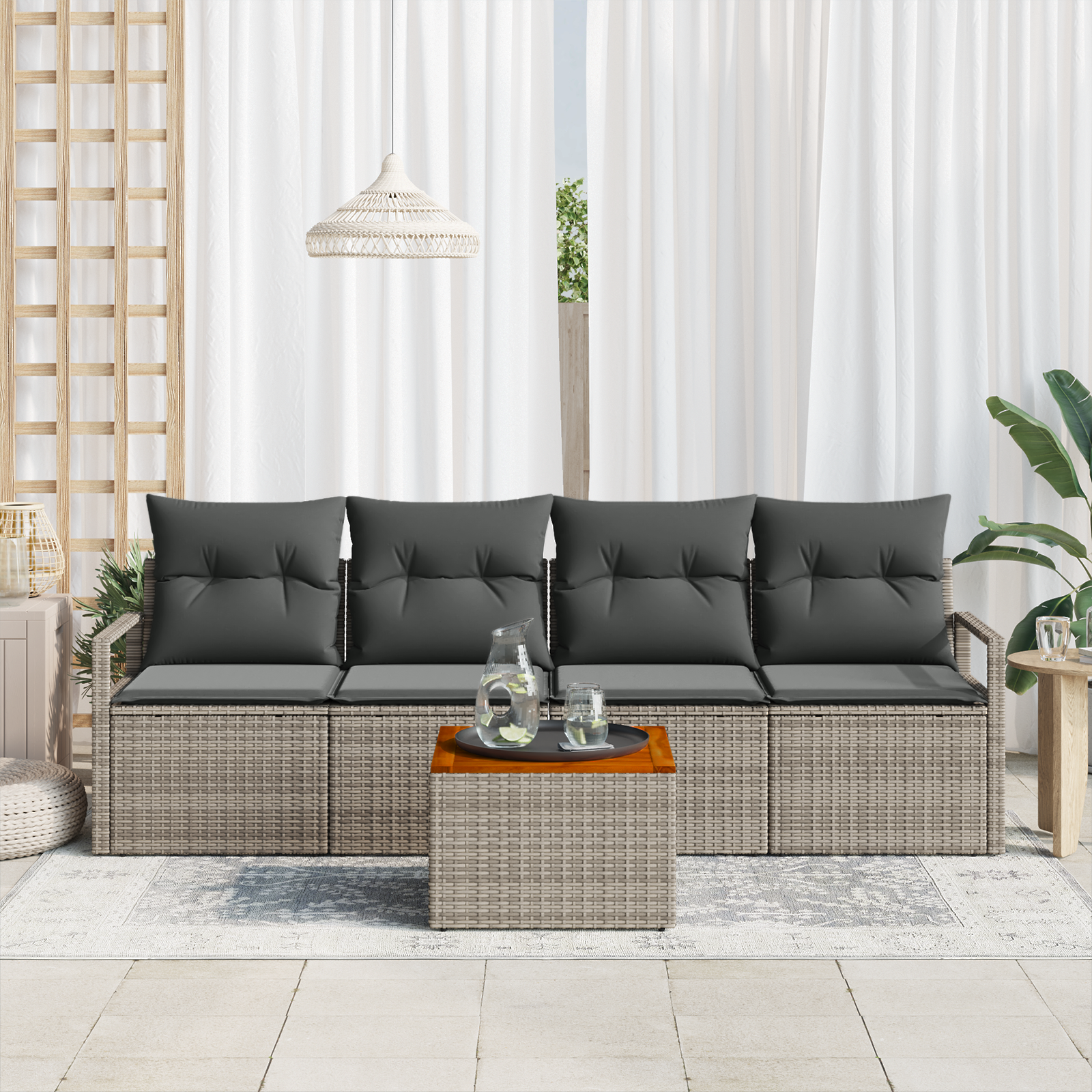 vidaXL 5-delige Tuinbankenset met kussens poly rattan acacia grijs