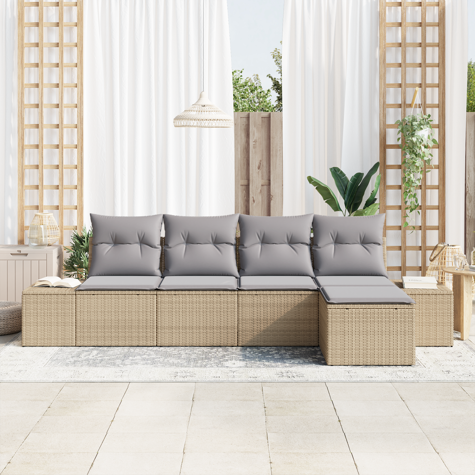 vidaXL 5-delige Tuinbankenset met kussens poly rattan beige