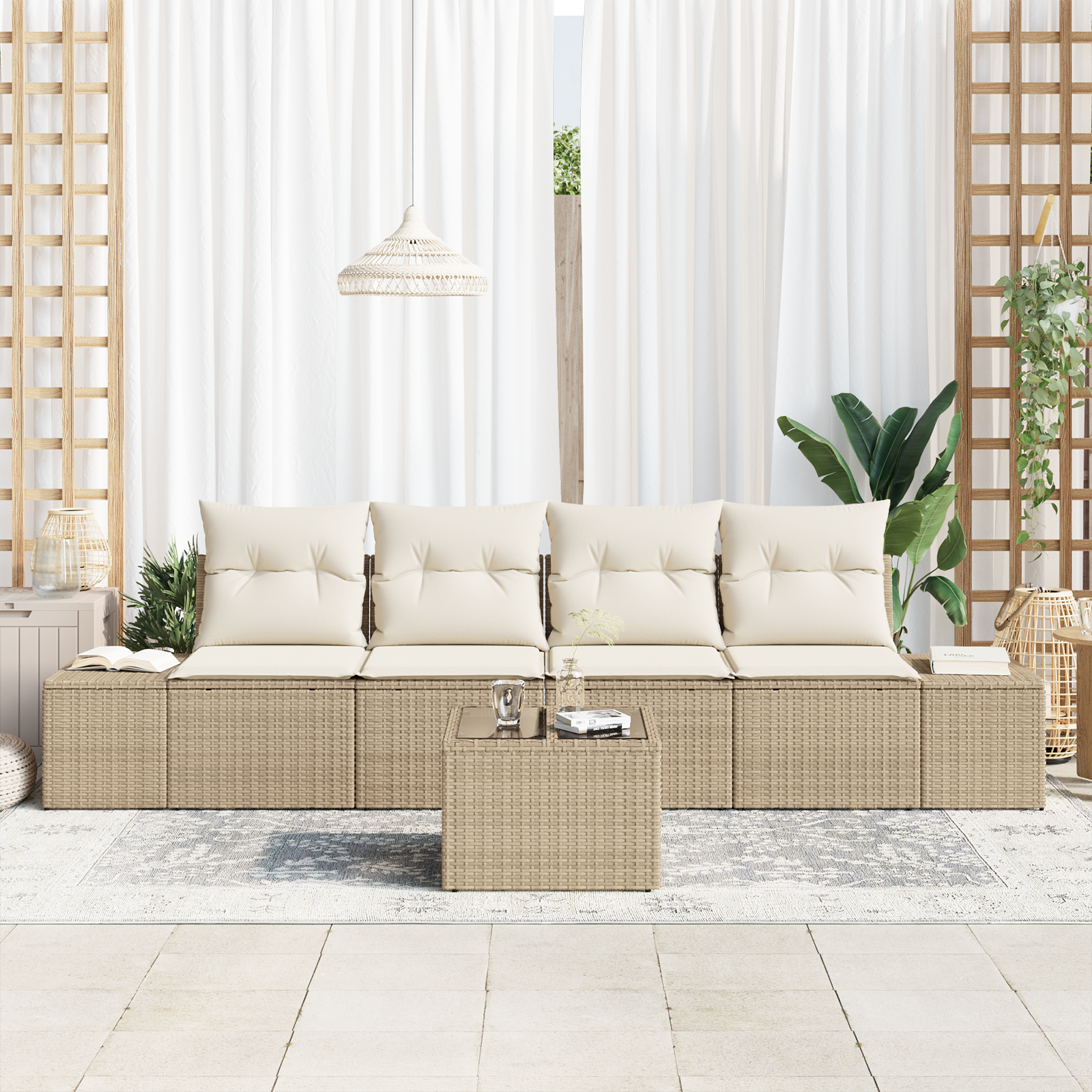 vidaXL 5-delige tuinset met kussens in beige poly rattan
