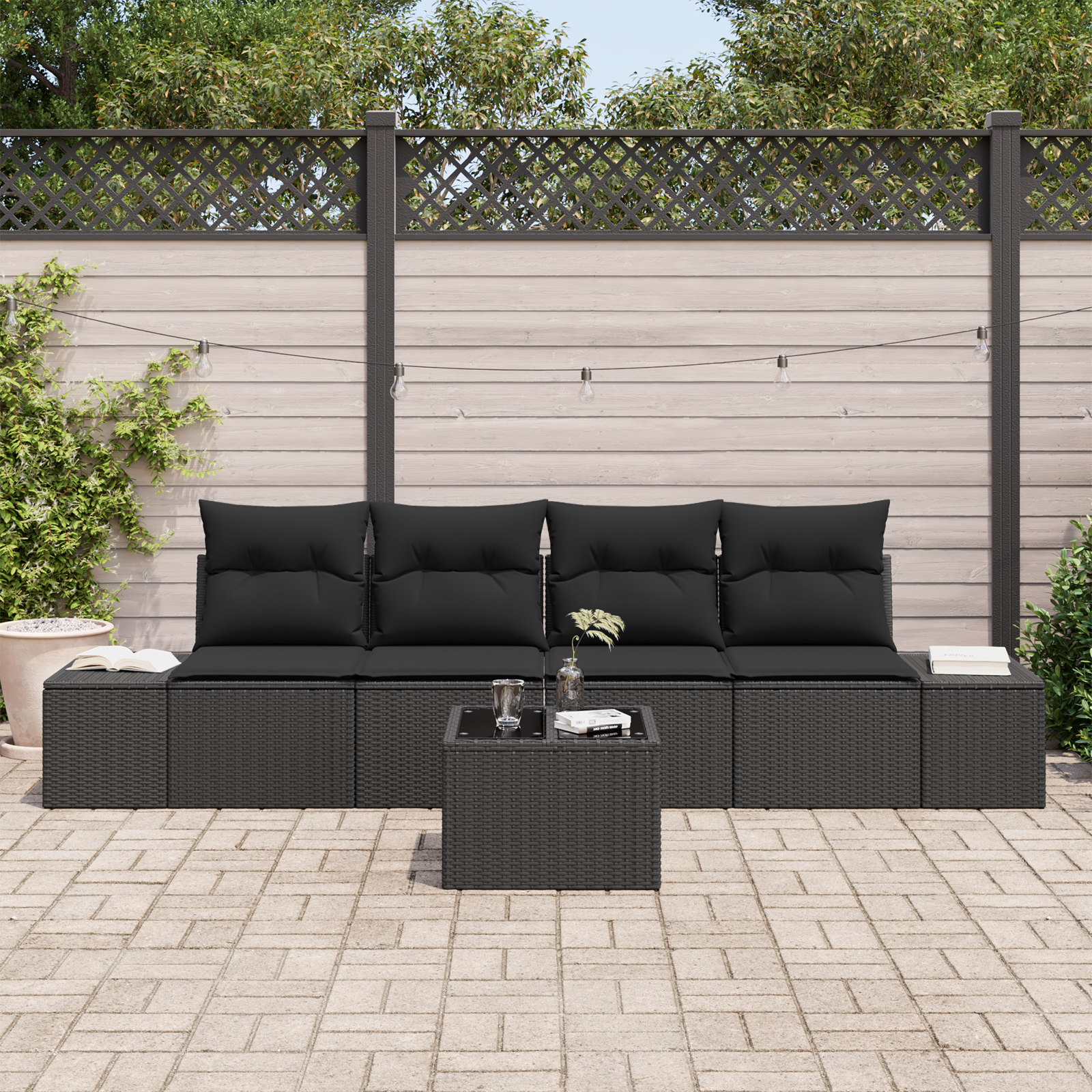 vidaXL 5-delige tuinset met kussens in zwart poly rattan