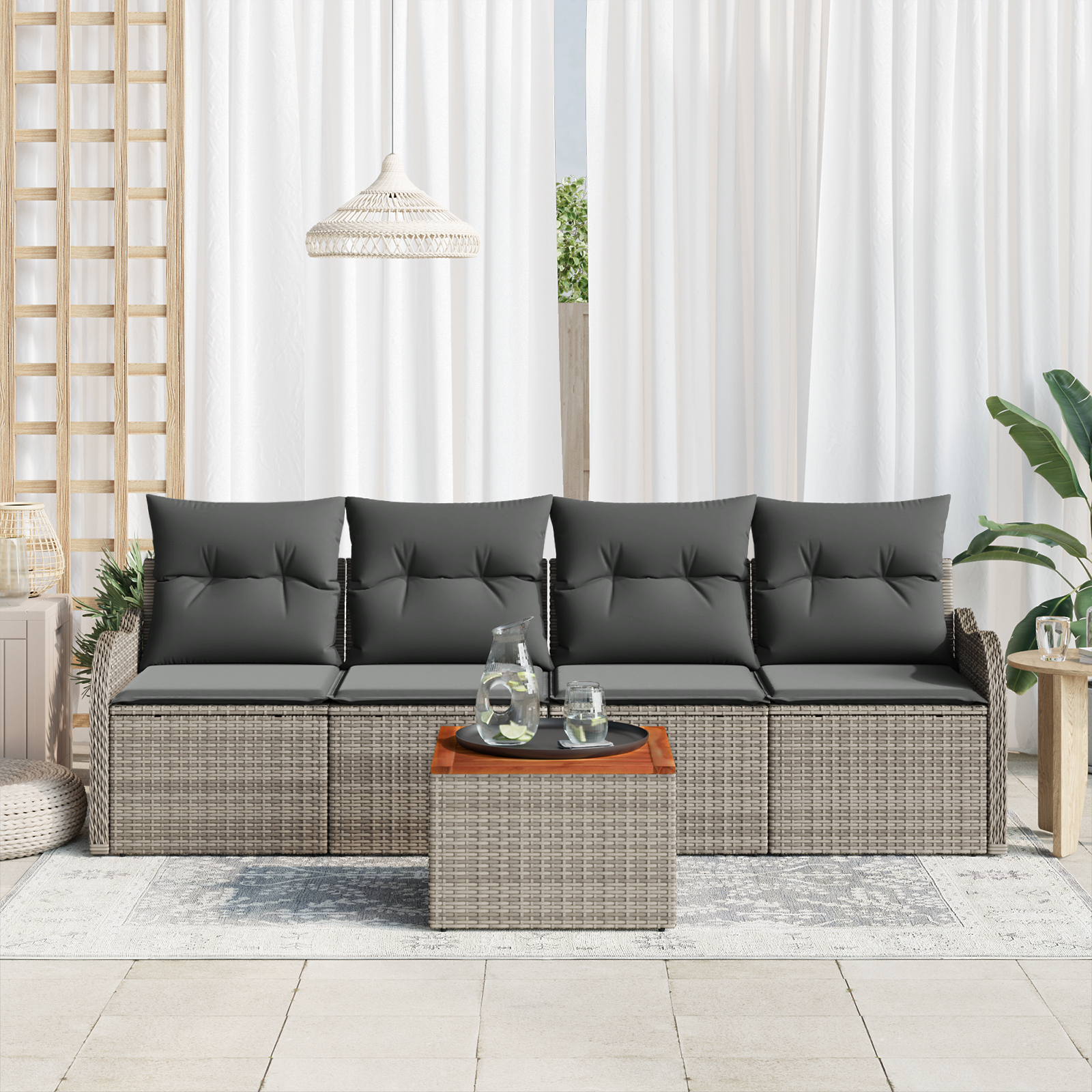 vidaXL 5-delige tuinbankset met kussens grijs poly rattan acacia