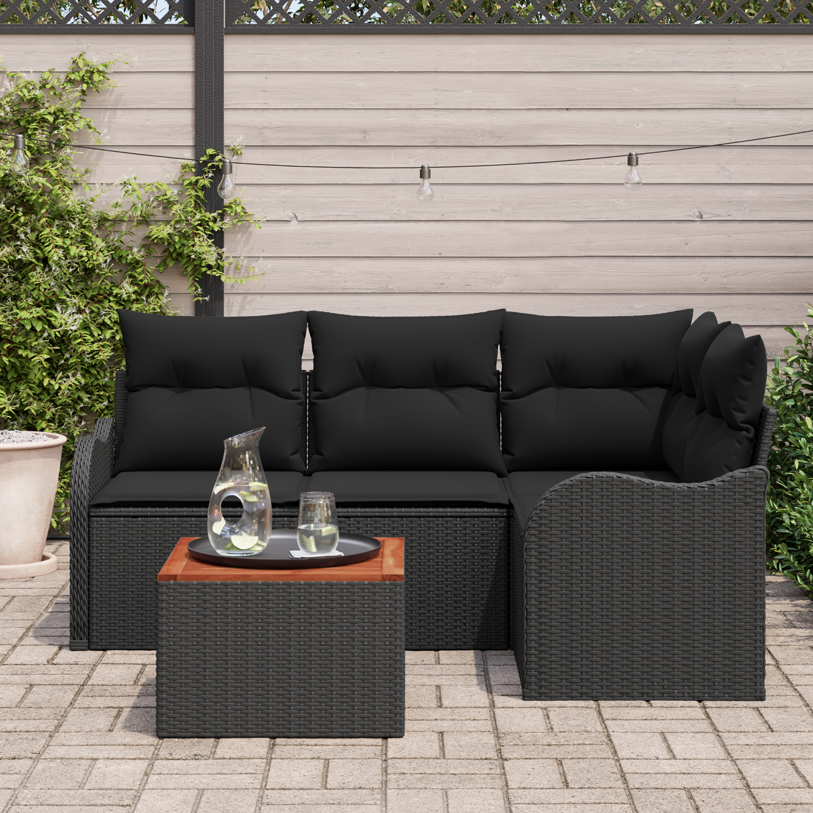 vidaXL 5-delige Tuinbankenset met kussens poly rattan acacia zwart