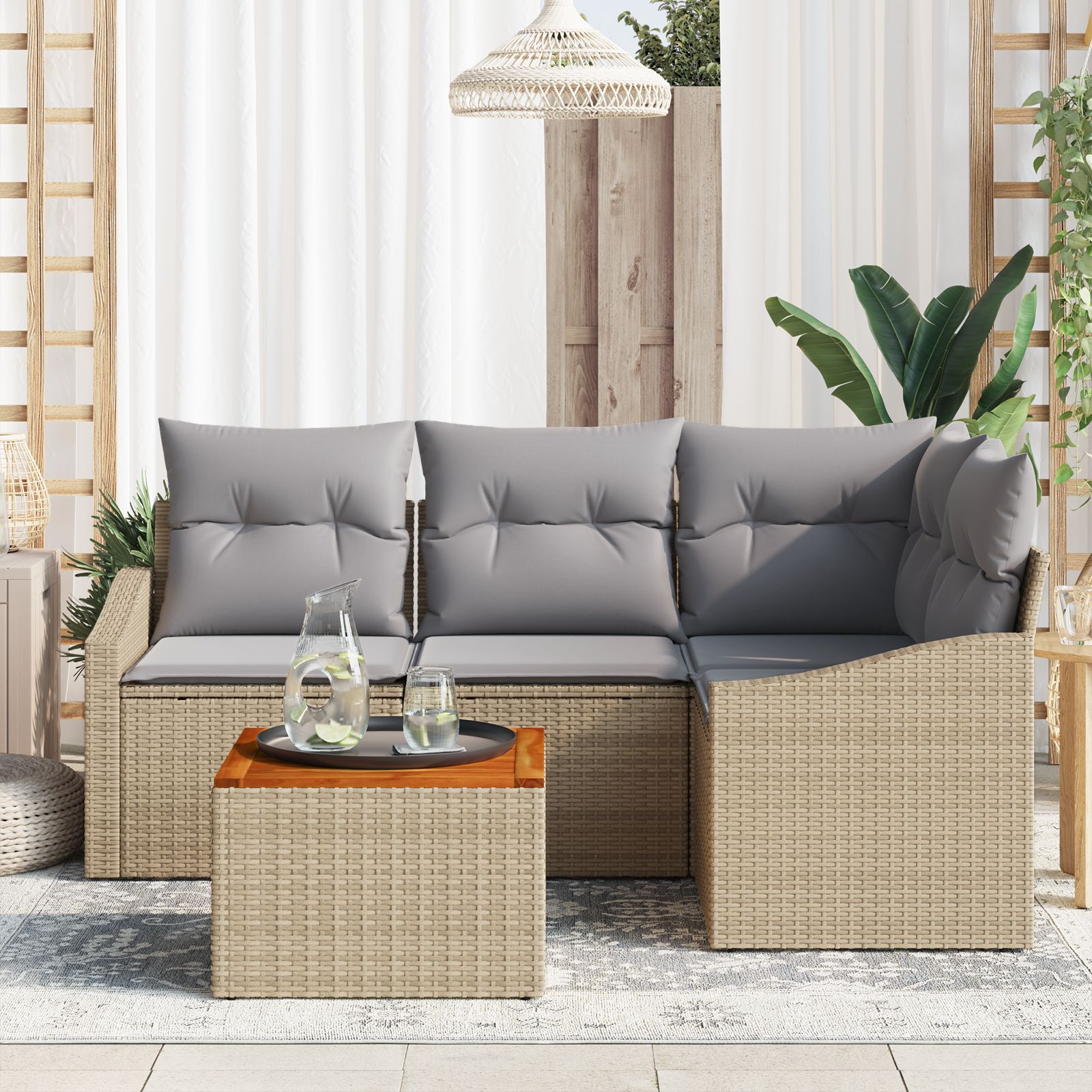 vidaXL 5-delige Tuinbankenset met kussens poly rattan acaciahout beige
