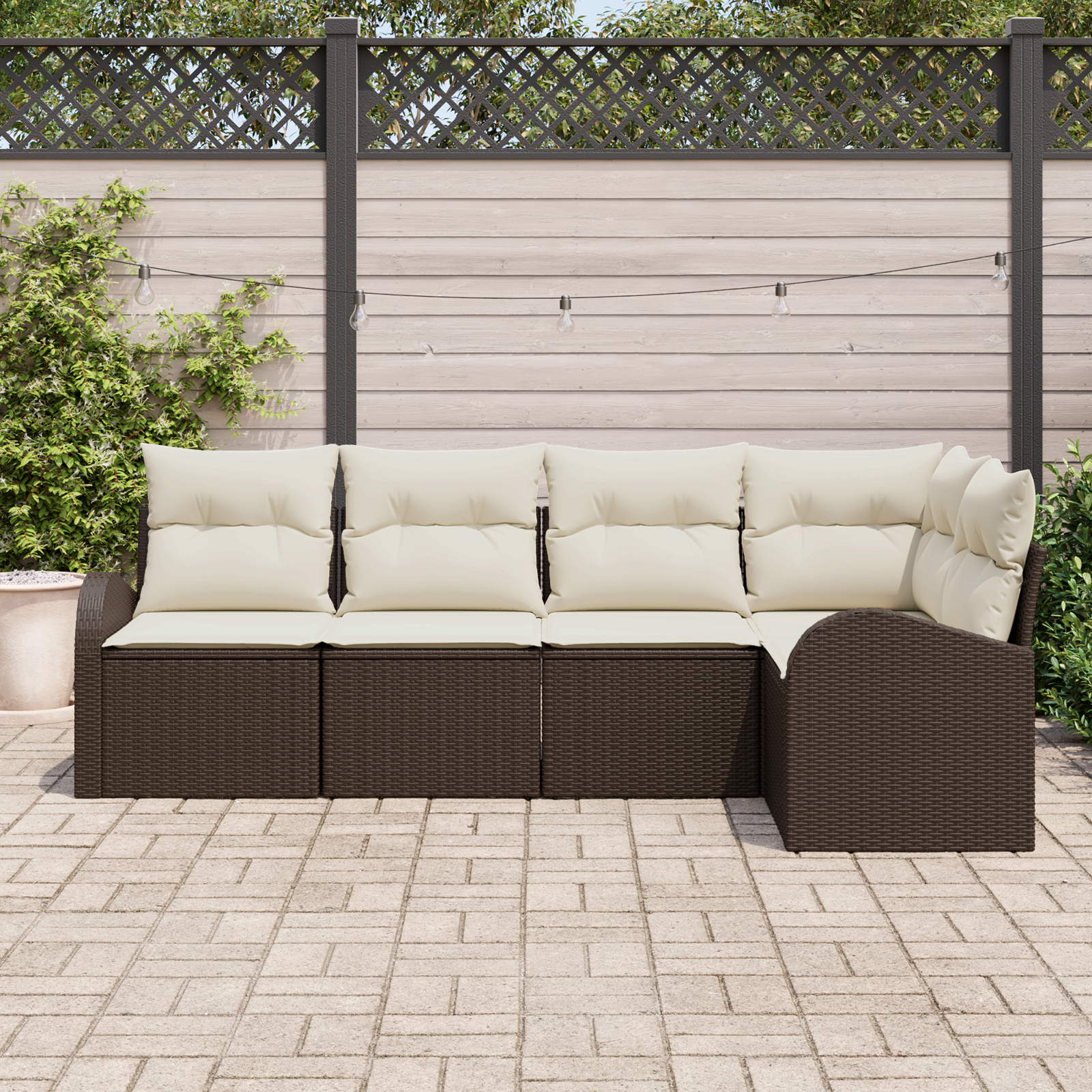 vidaXL 5-delige tuinbankset met kussens in bruin poly riet