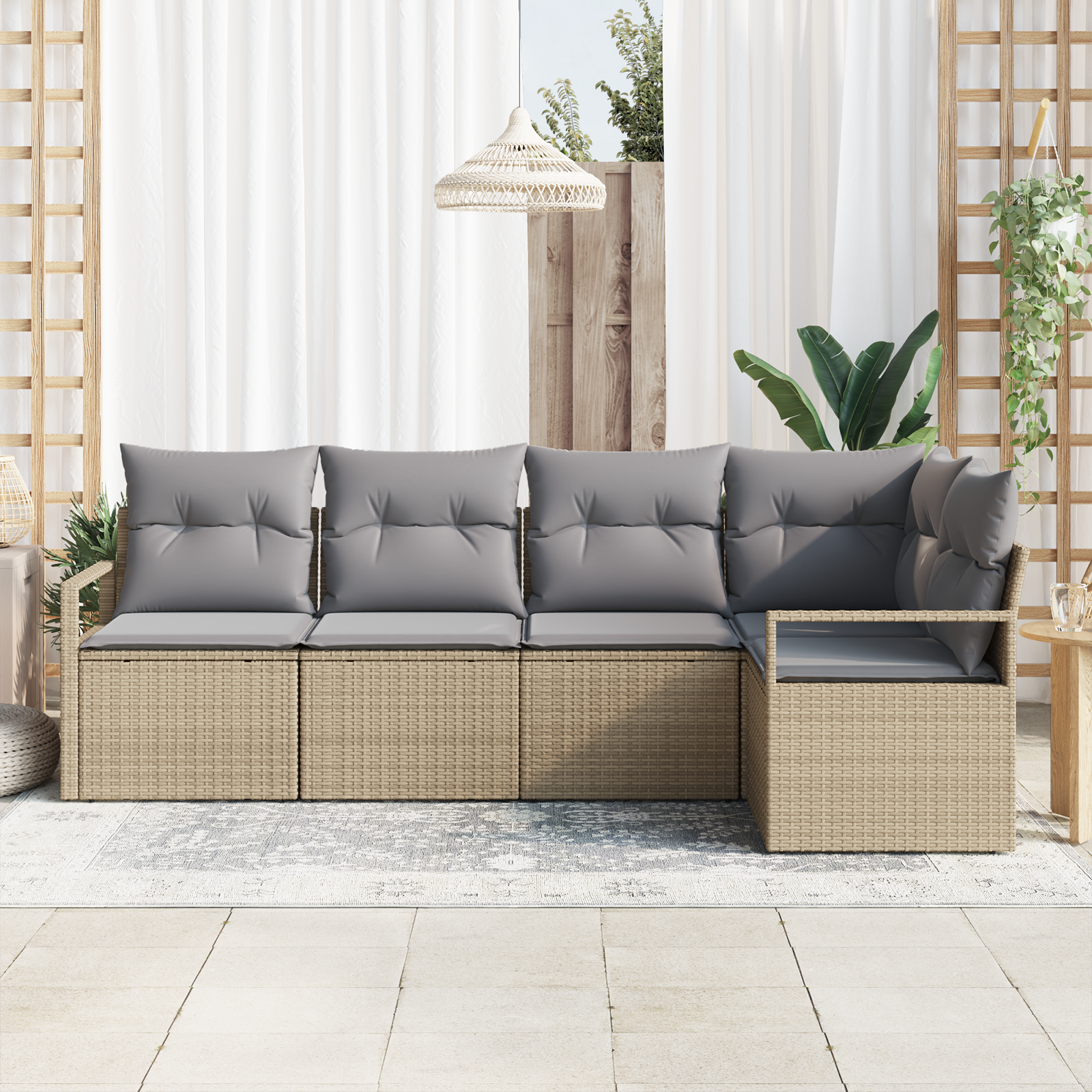 vidaXL 5-delige tuinbank set met kussens in beige poly rattan