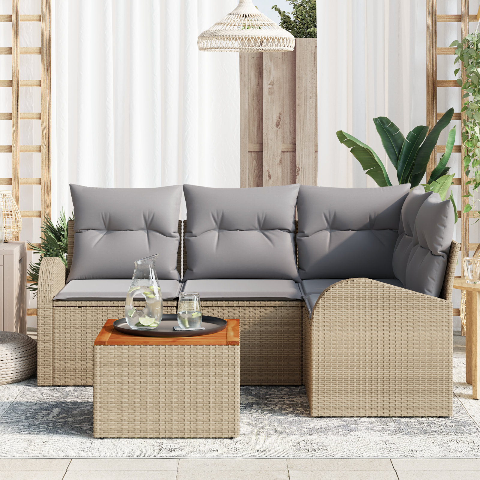 vidaXL 5-delige tuinsofa set met kussens in beige poly rattan en acaciahout