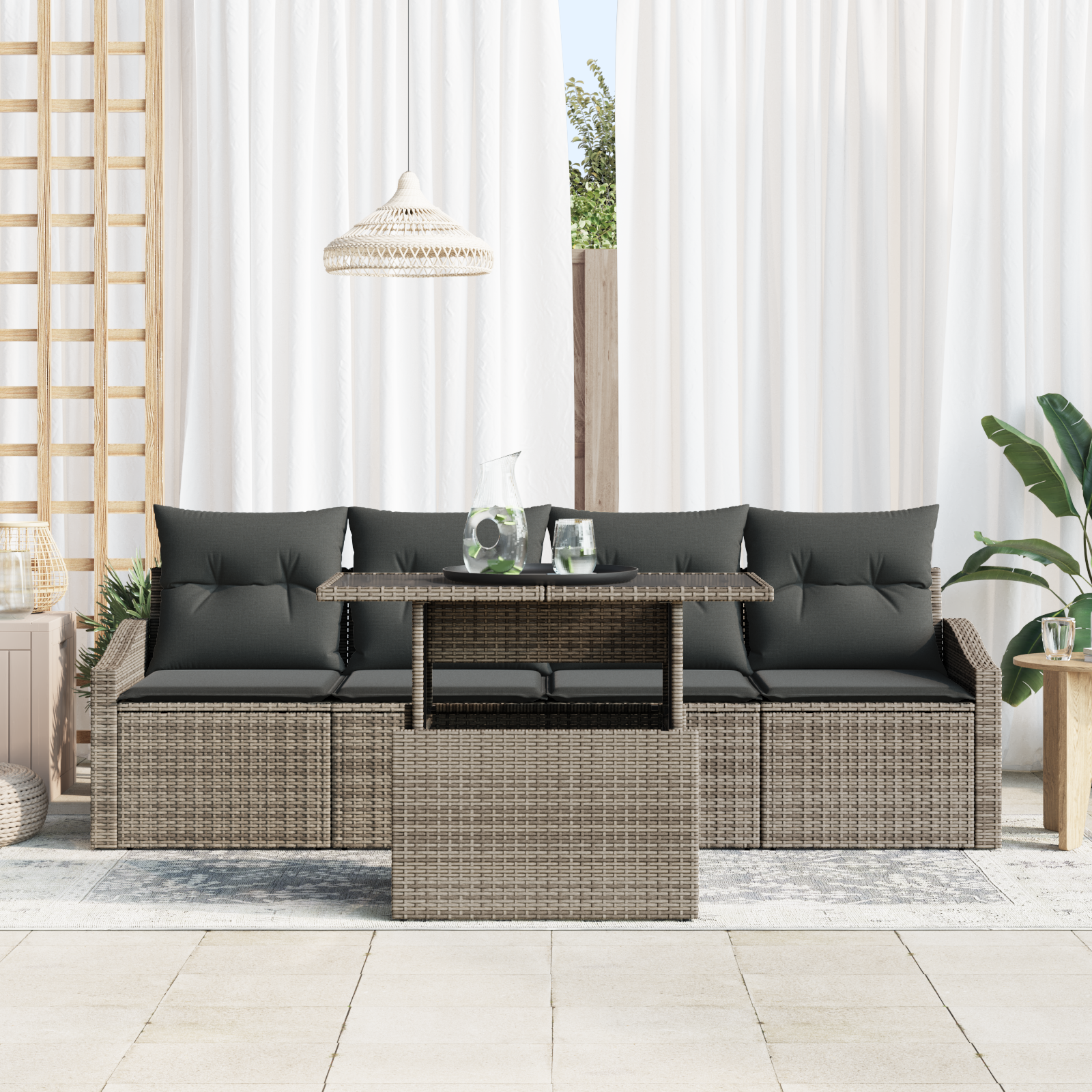 vidaXL 5-delige tuinset met kussens - Grijs Poly Rattan