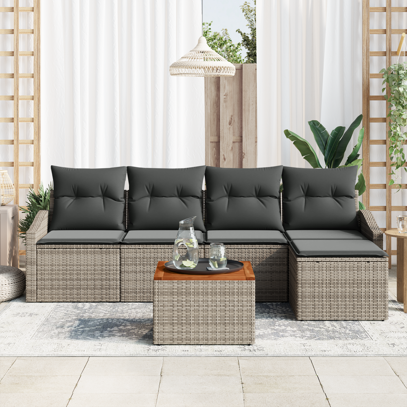 vidaXL 6-delige Tuinbankenset met kussens poly rattan acaciahout grijs