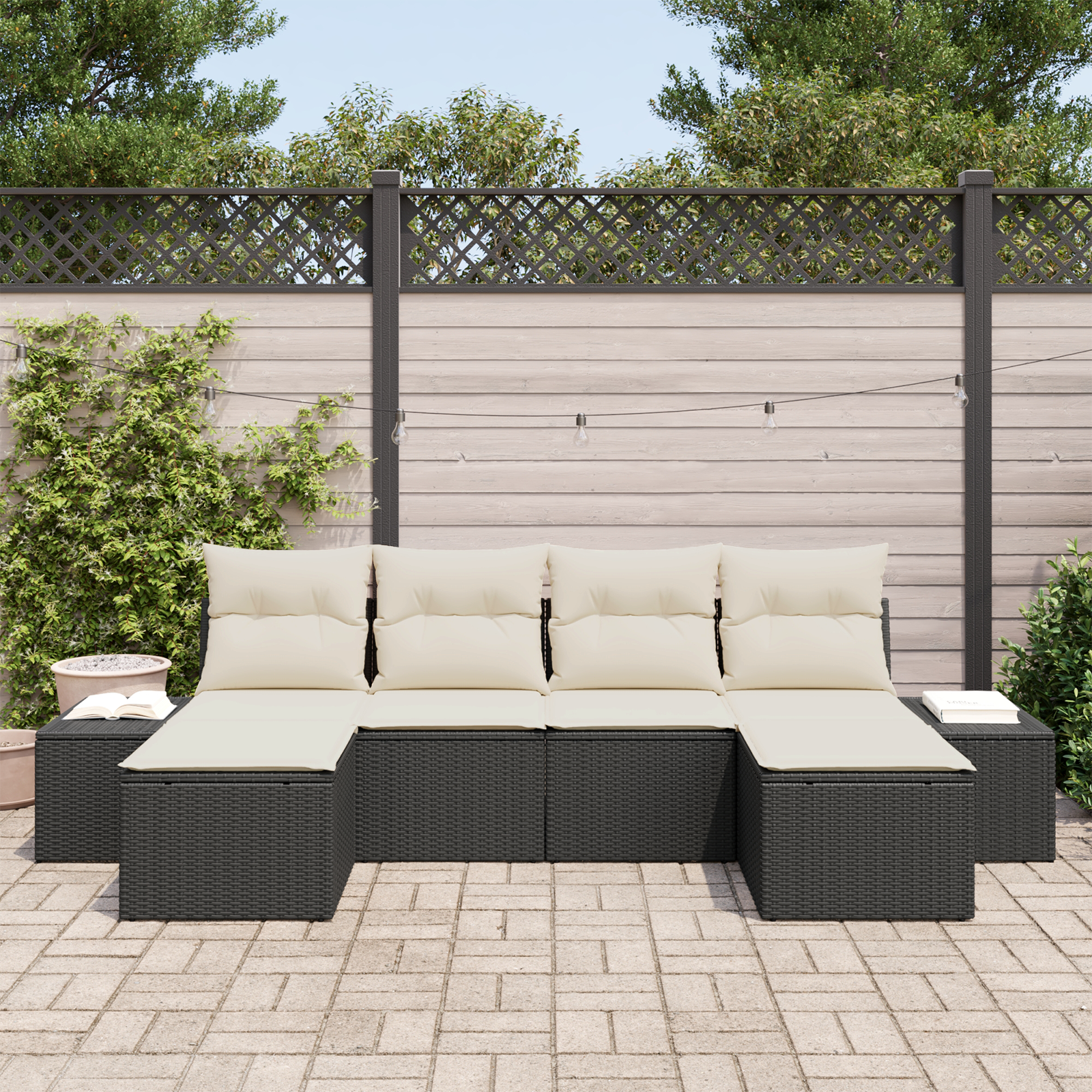 vidaXL 6-delige Tuinbankenset met kussens poly rattan zwart