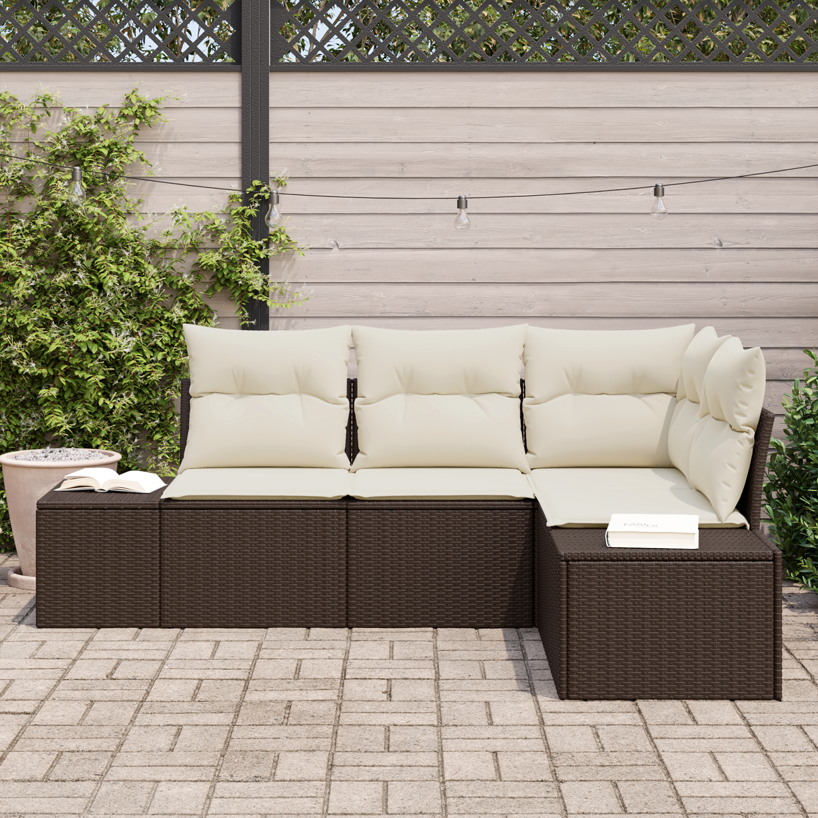 vidaXL 4-delige Tuinbankenset met kussens poly rattan bruin