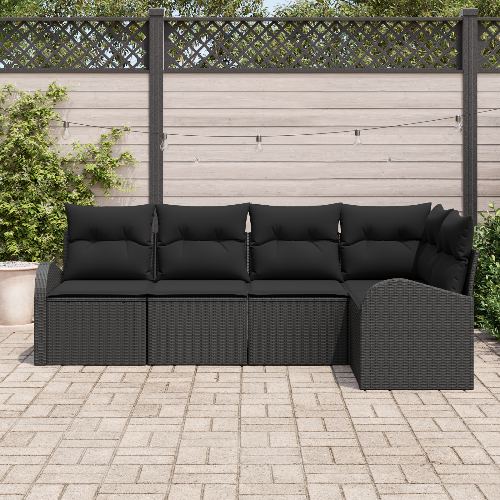 vidaXL 5-delige loungeset voor in de tuin met kussens, zwart poly rattan