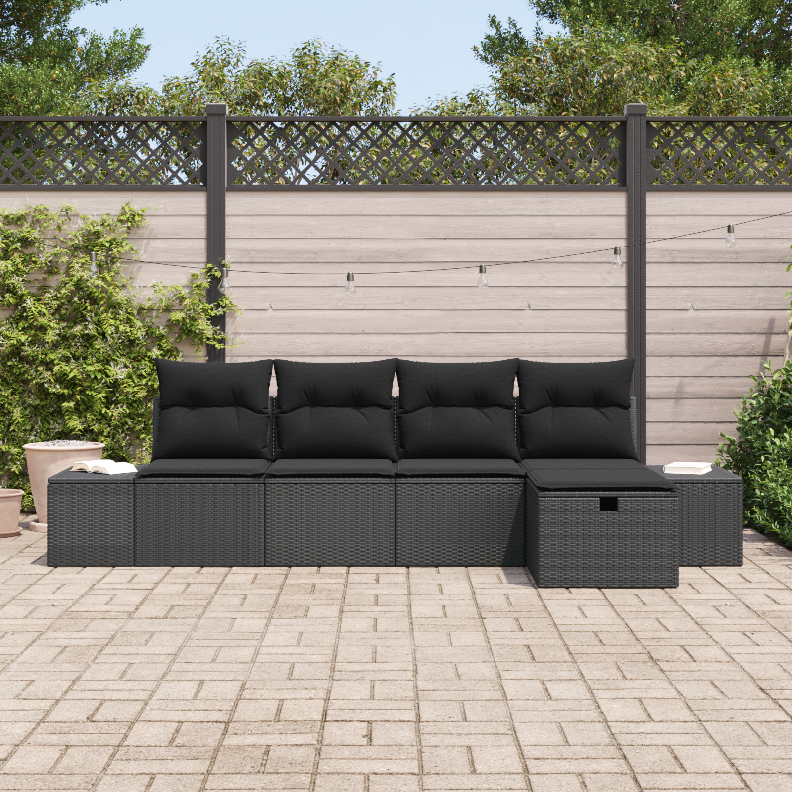 vidaXL 5-delige tuinset met kussens zwart poly rattan