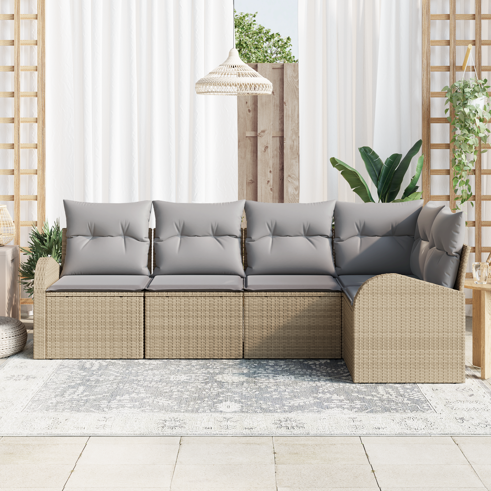 vidaXL 5-delige ligbed set met kussens Beige Poly Rattan