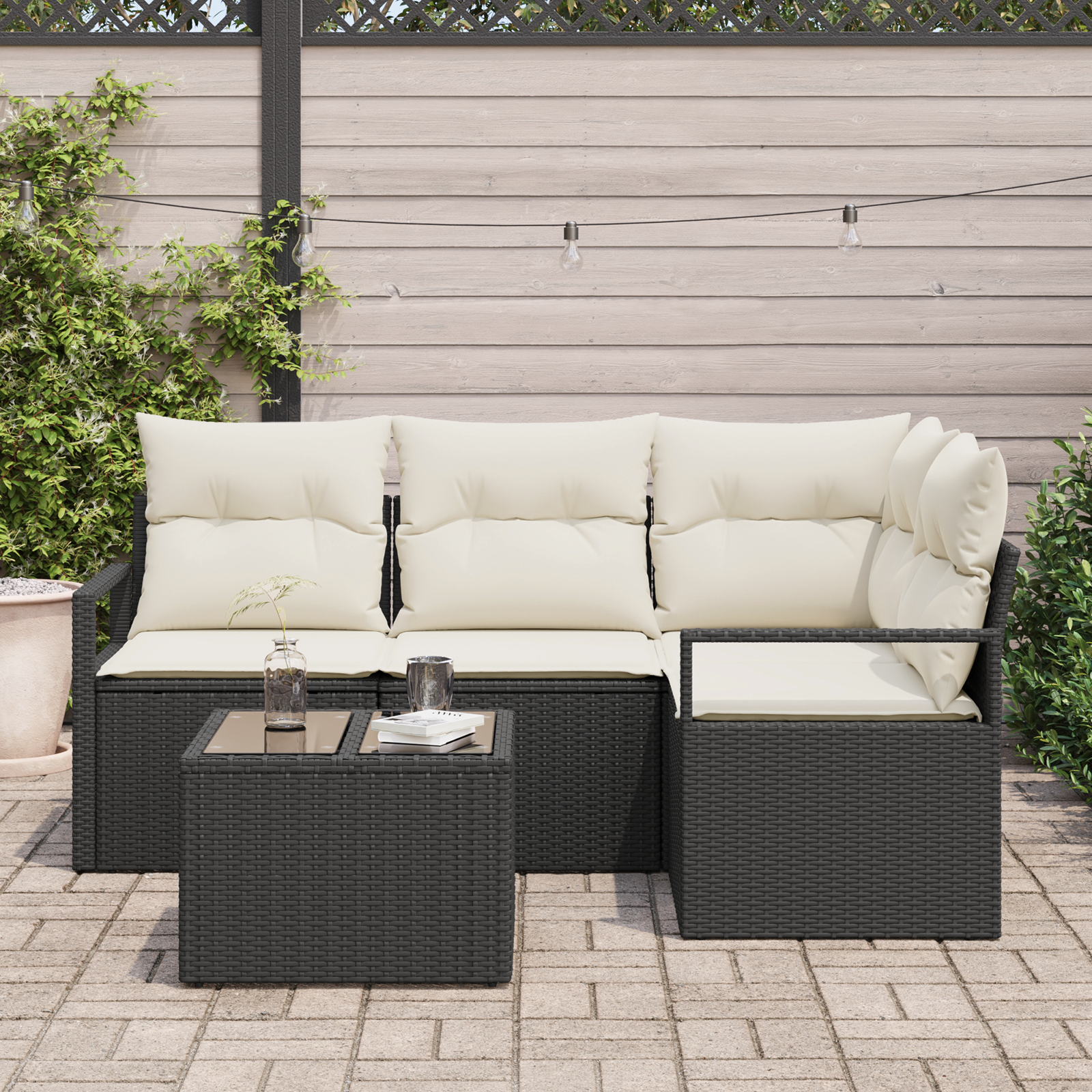 vidaXL 4-delige Tuinbankenset met kussens poly rattan bruin