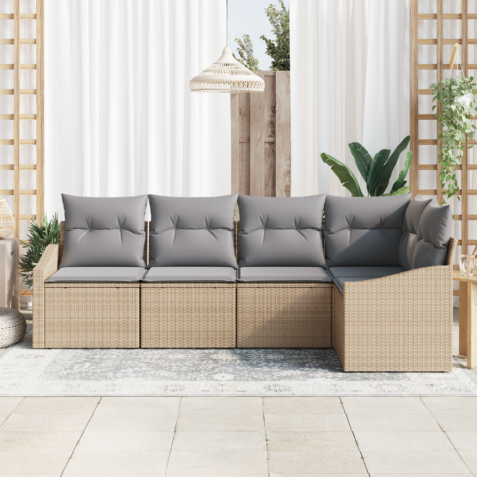 vidaXL 5-delige Tuinbankenset met kussens poly rattan beige