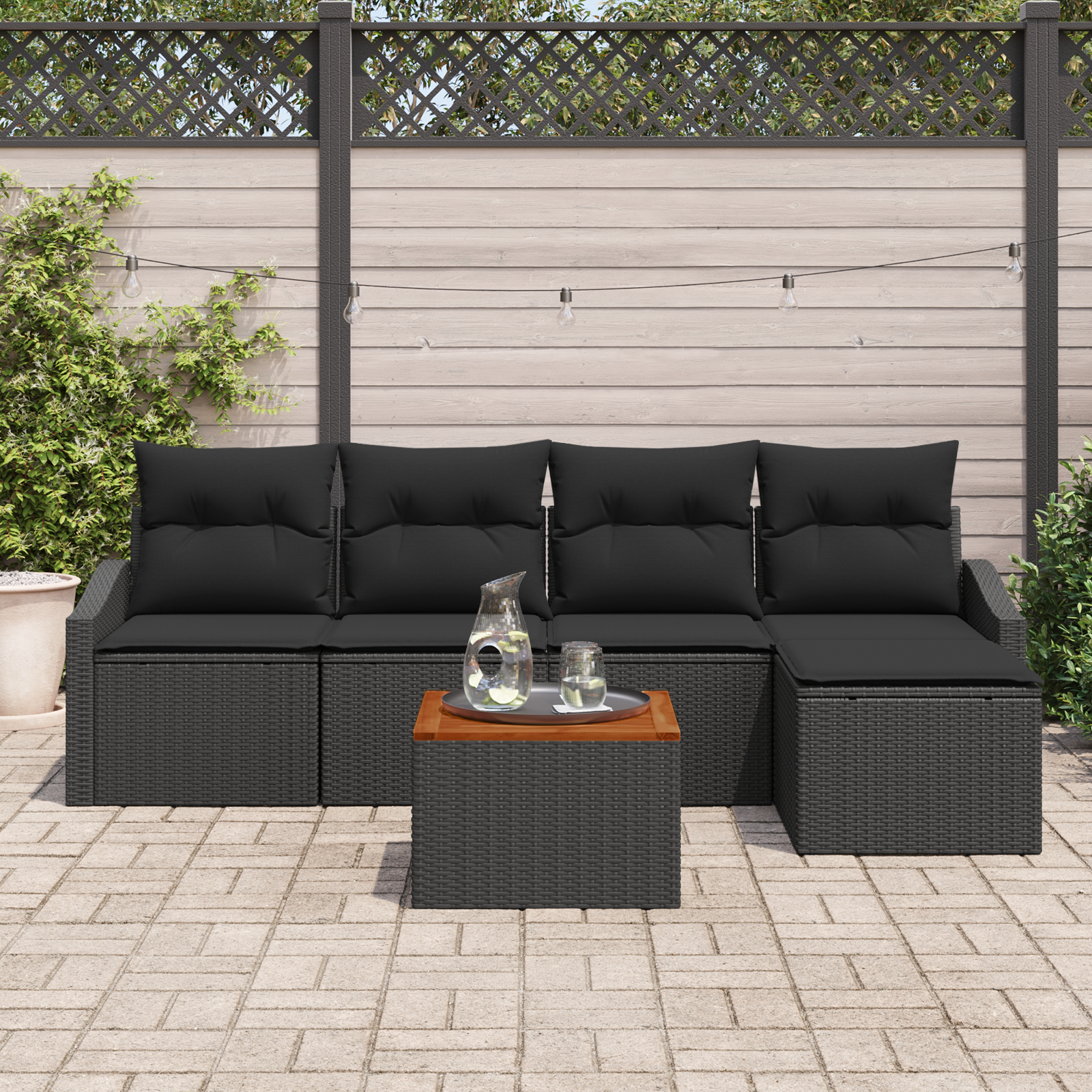 vidaXL 6-delige Tuinbankenset met kussens poly rattan acaciahout zwart
