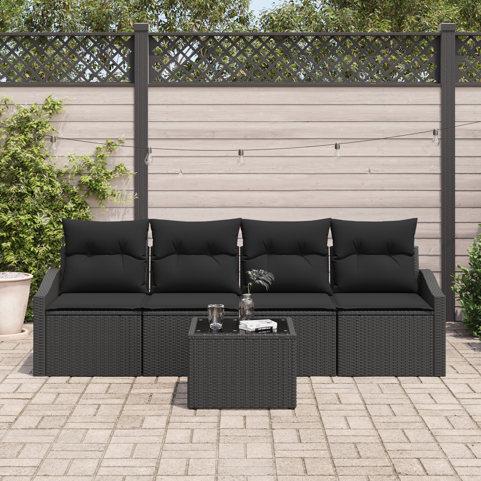vidaXL 5-delige tuin set met kussens zwart poly rattan