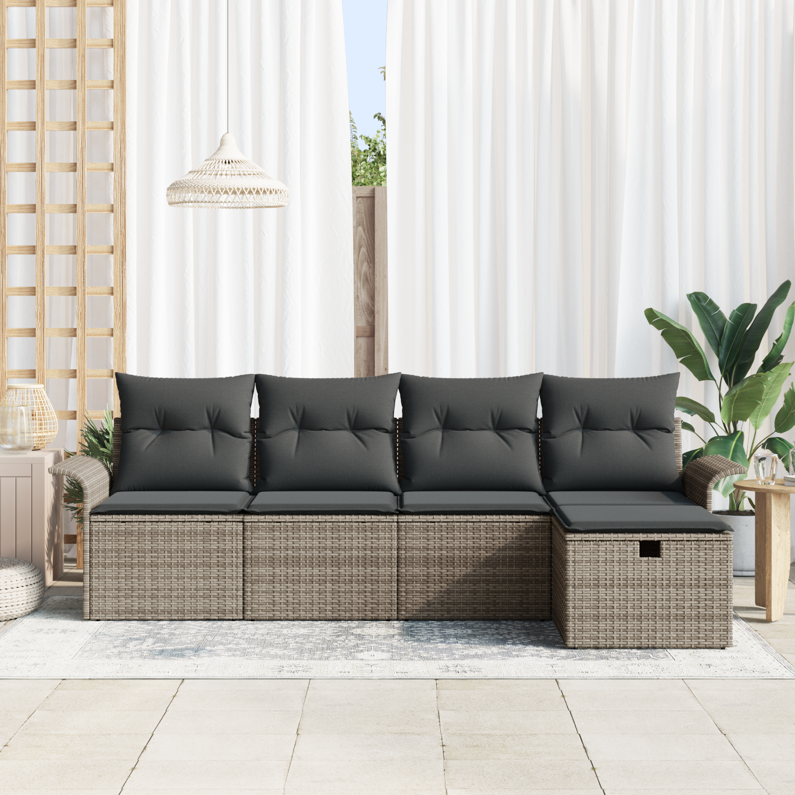 vidaXL 5-delige tuinset met kussens in grijs poly rattan