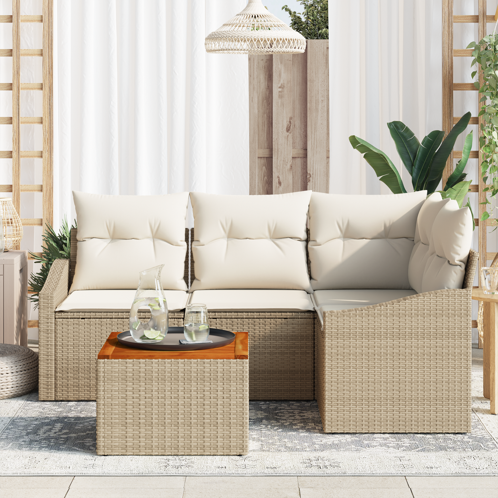vidaXL 5-delige Tuinbankenset met kussens poly rattan acaciahout beige