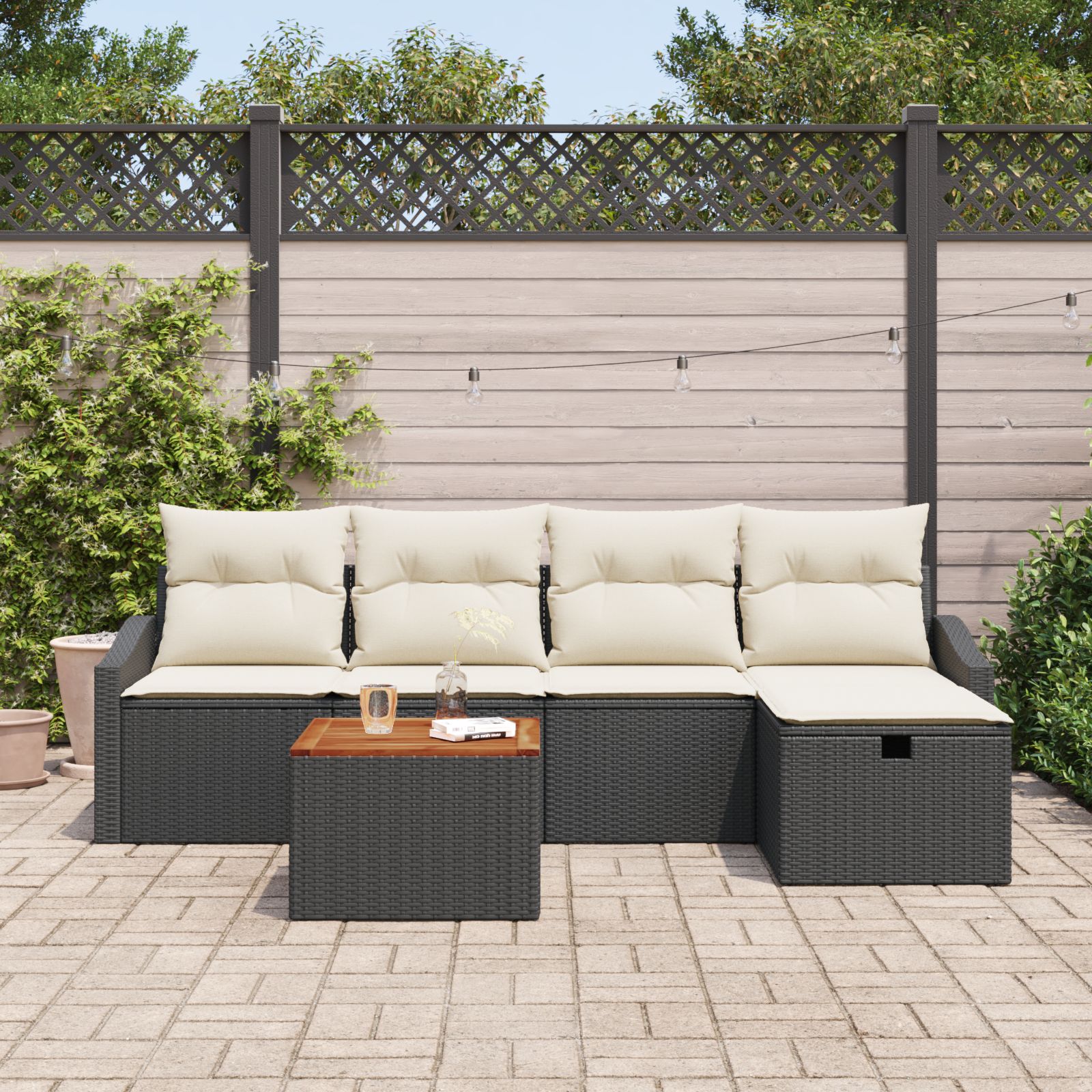 vidaXL 6-delige Tuinbankenset met kussens poly rattan zwart