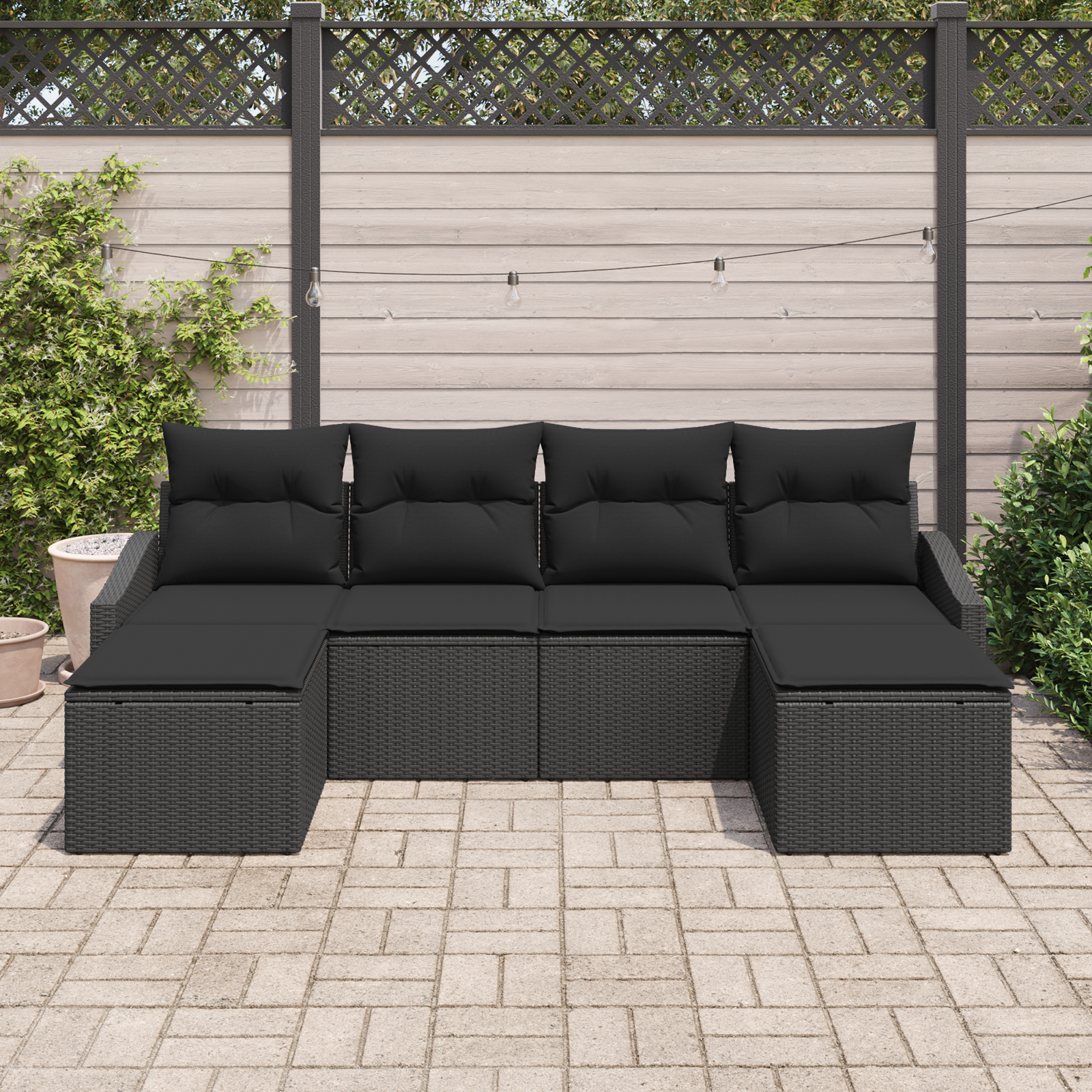 vidaXL 6-delige Tuinbankenset met kussens poly rattan zwart