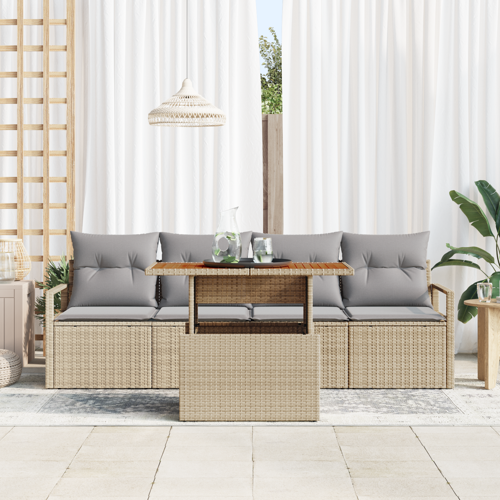 vidaXL 5-delige Tuinbankenset met kussens poly rattan acacia beige