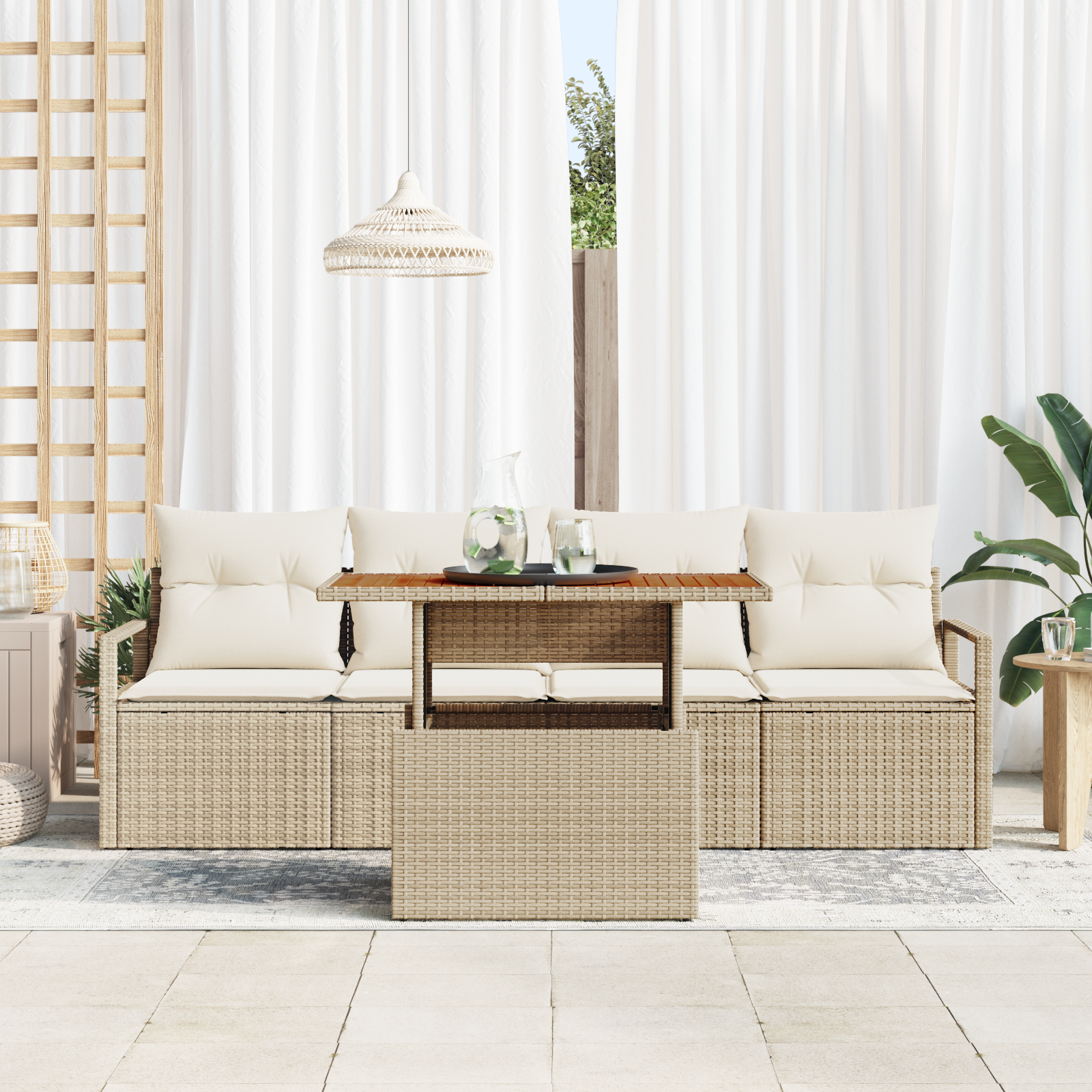 vidaXL 5-delige Tuinbankenset met kussens poly rattan acacia beige