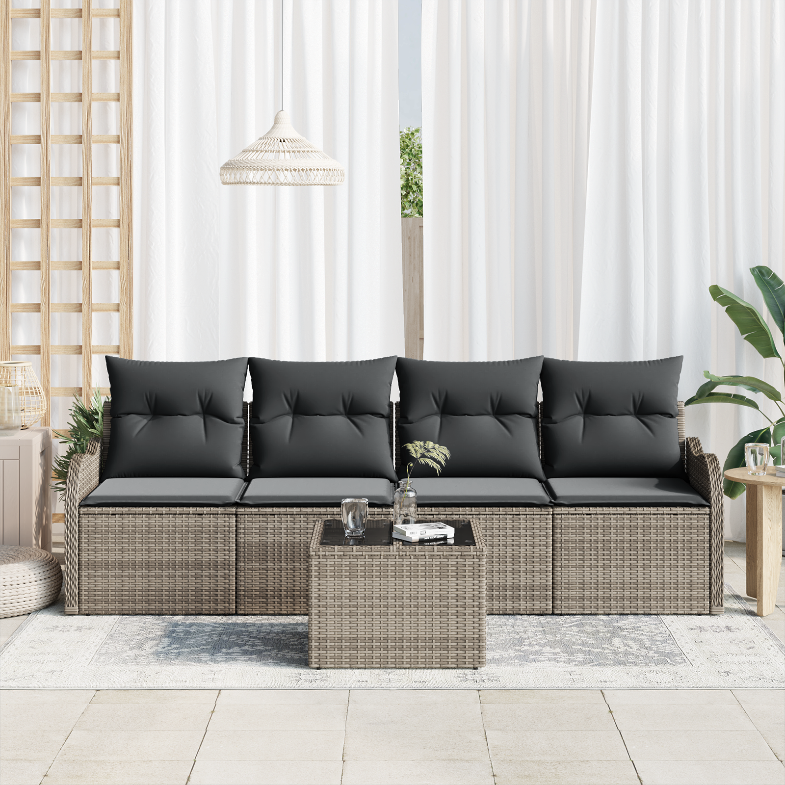 vidaXL 5-delige Loungeset met Kussens Grijs Poly Rattan