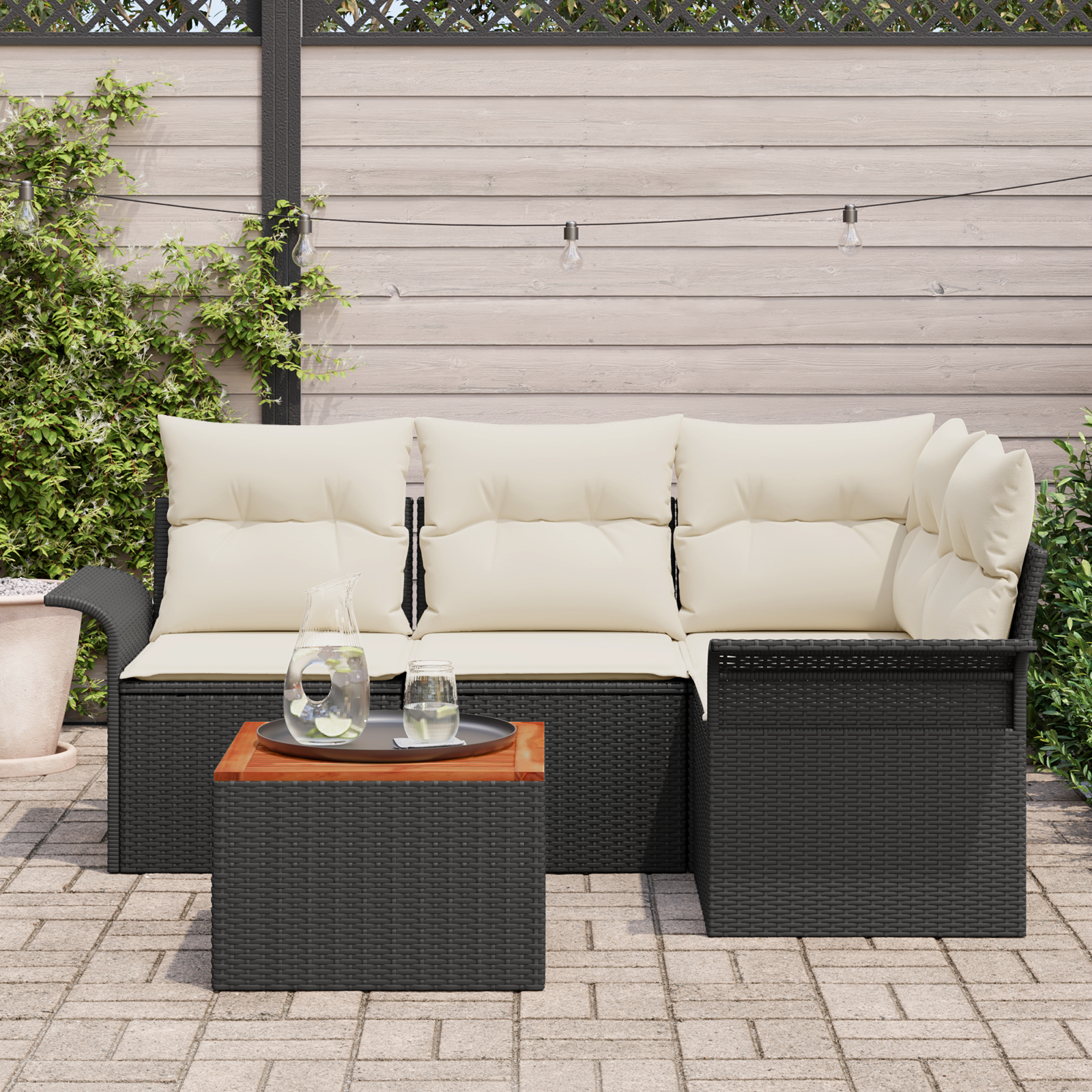 vidaXL 5-delig Tuinset met Kussens Zwart Poly Rattan en Acacia