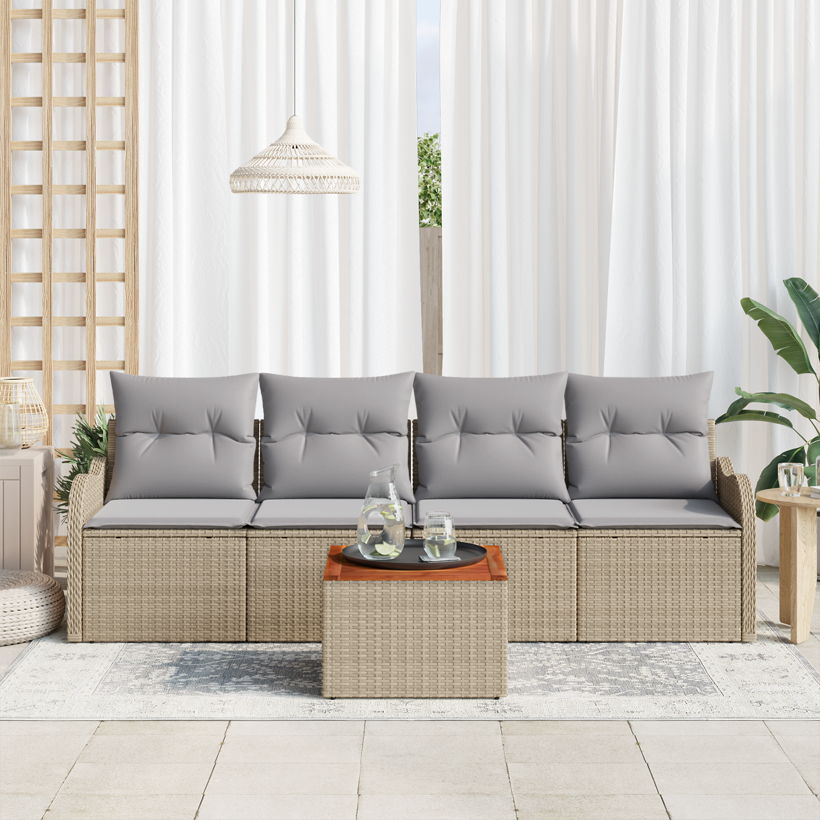 vidaXL 5-delige tuinset met kussens in beige poly rattan en acaciahout
