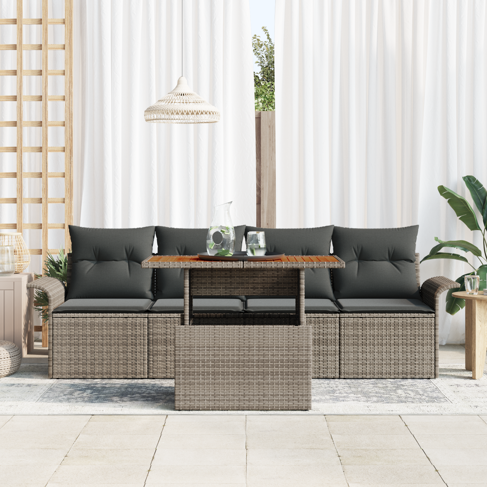 vidaXL 5-delige Tuinbankenset met kussens poly rattan acaciahout grijs