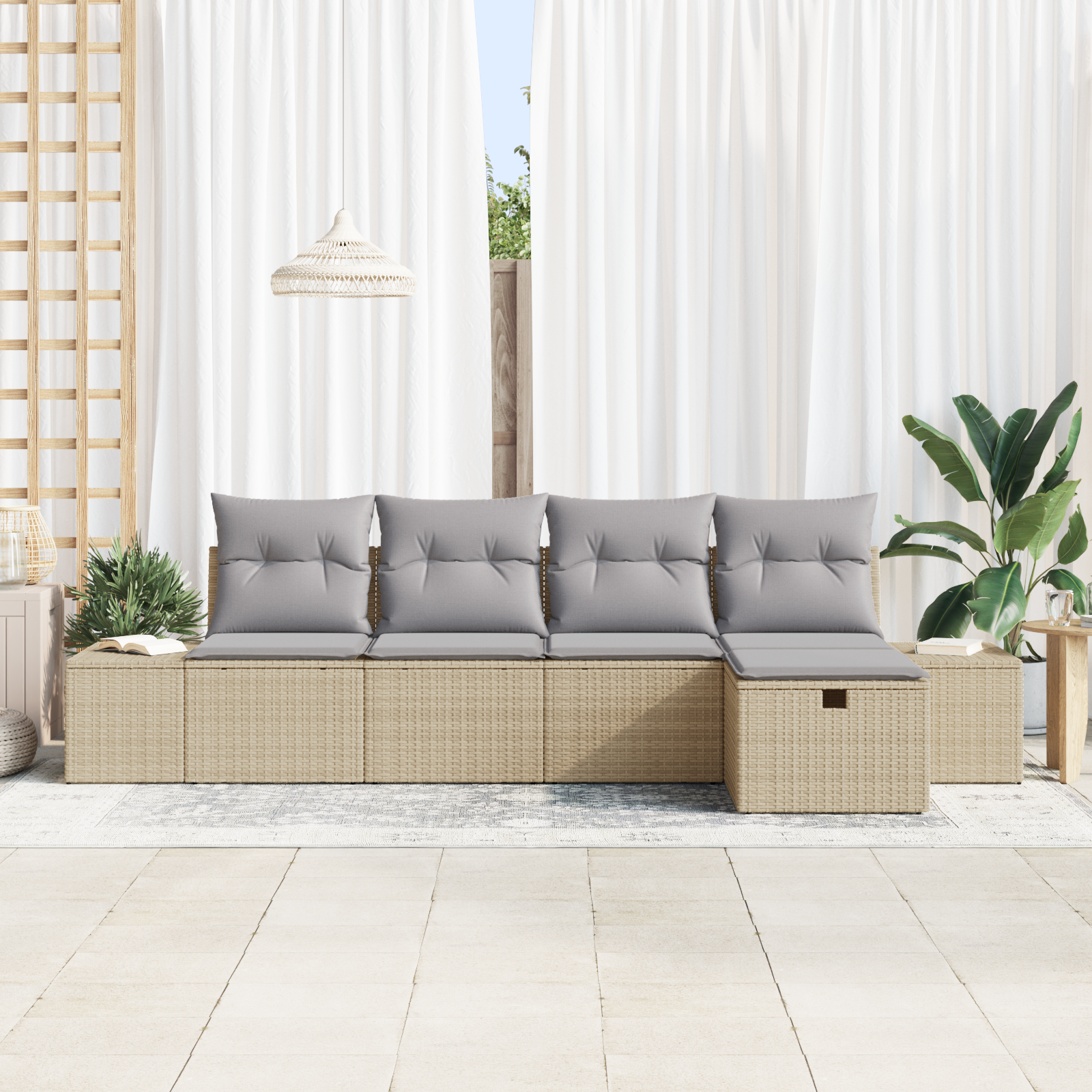 vidaXL 5-delige tuinset met kussens in beige van poly rattan