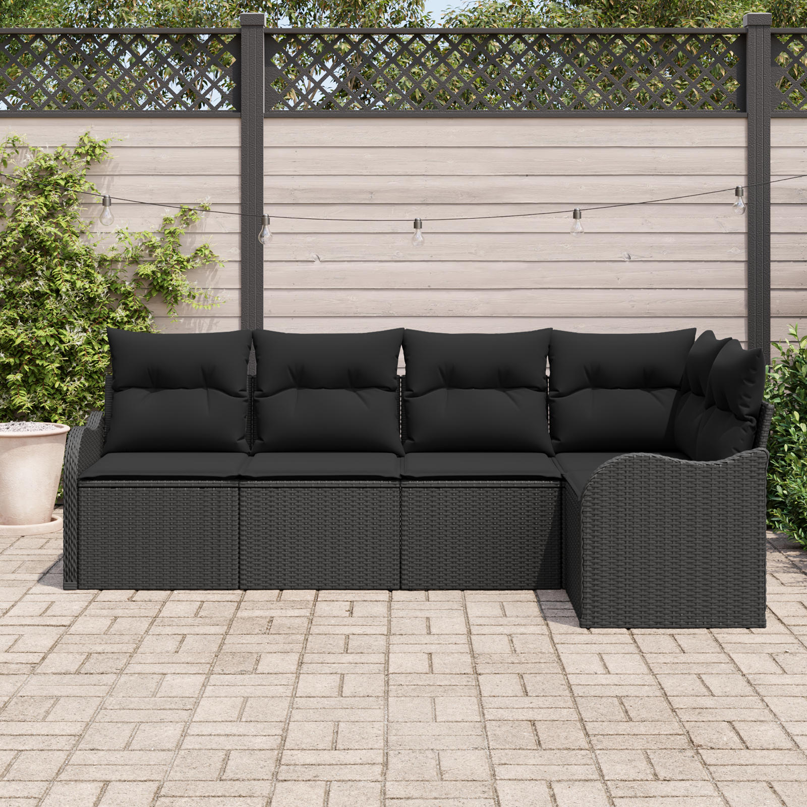 vidaXL 5-delige tuinset met kussens zwart poly rattan