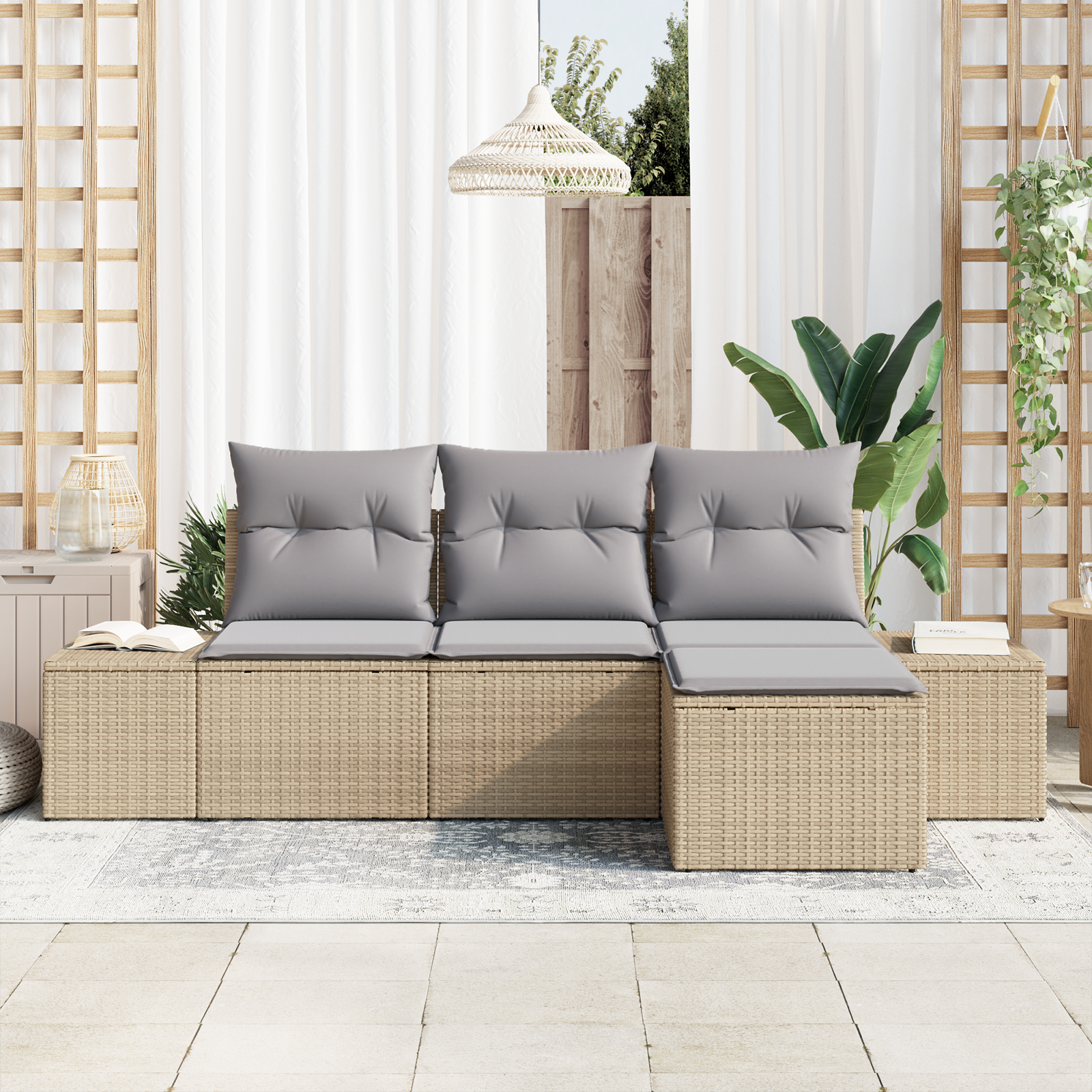 vidaXL 4-delige Tuinbankenset met kussens poly rattan beige