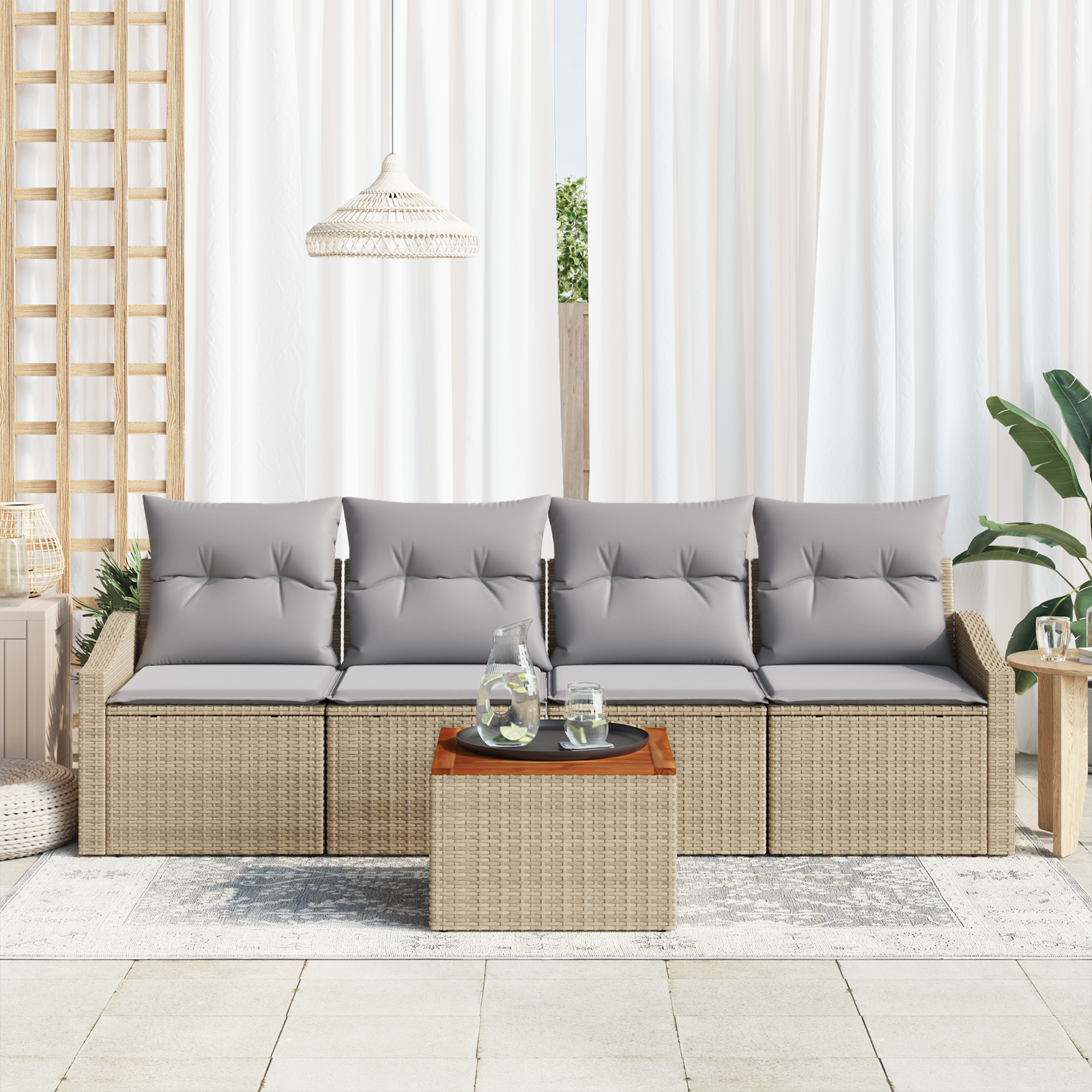 vidaXL 5-delige tuinsofa set met kussens in beige poly rattan en acacia