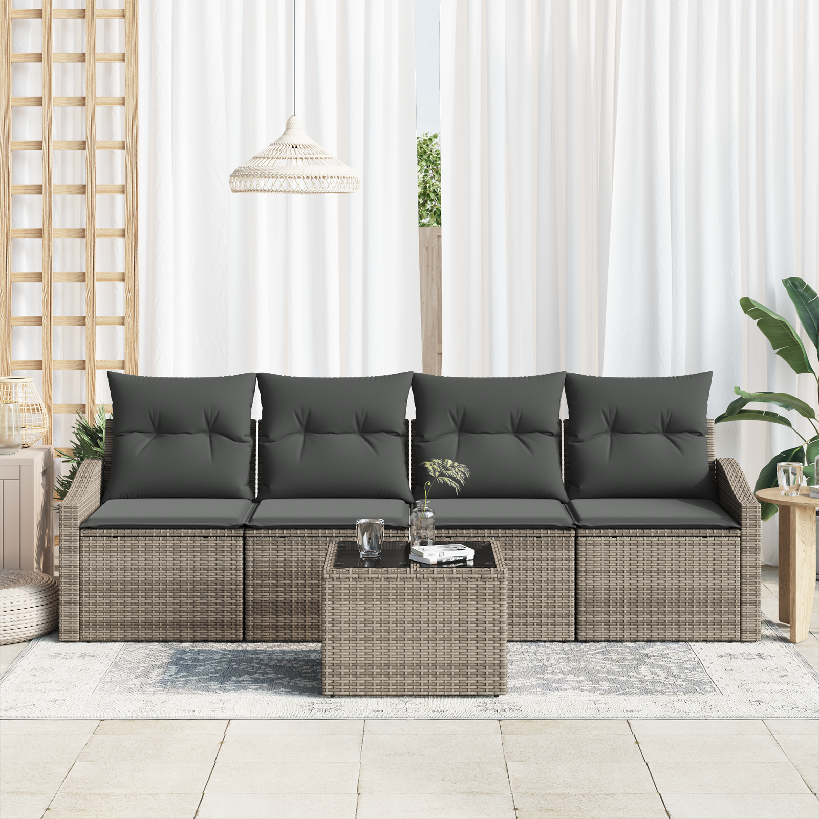 vidaXL 5-delige tuinset met kussens grijs poly rattan
