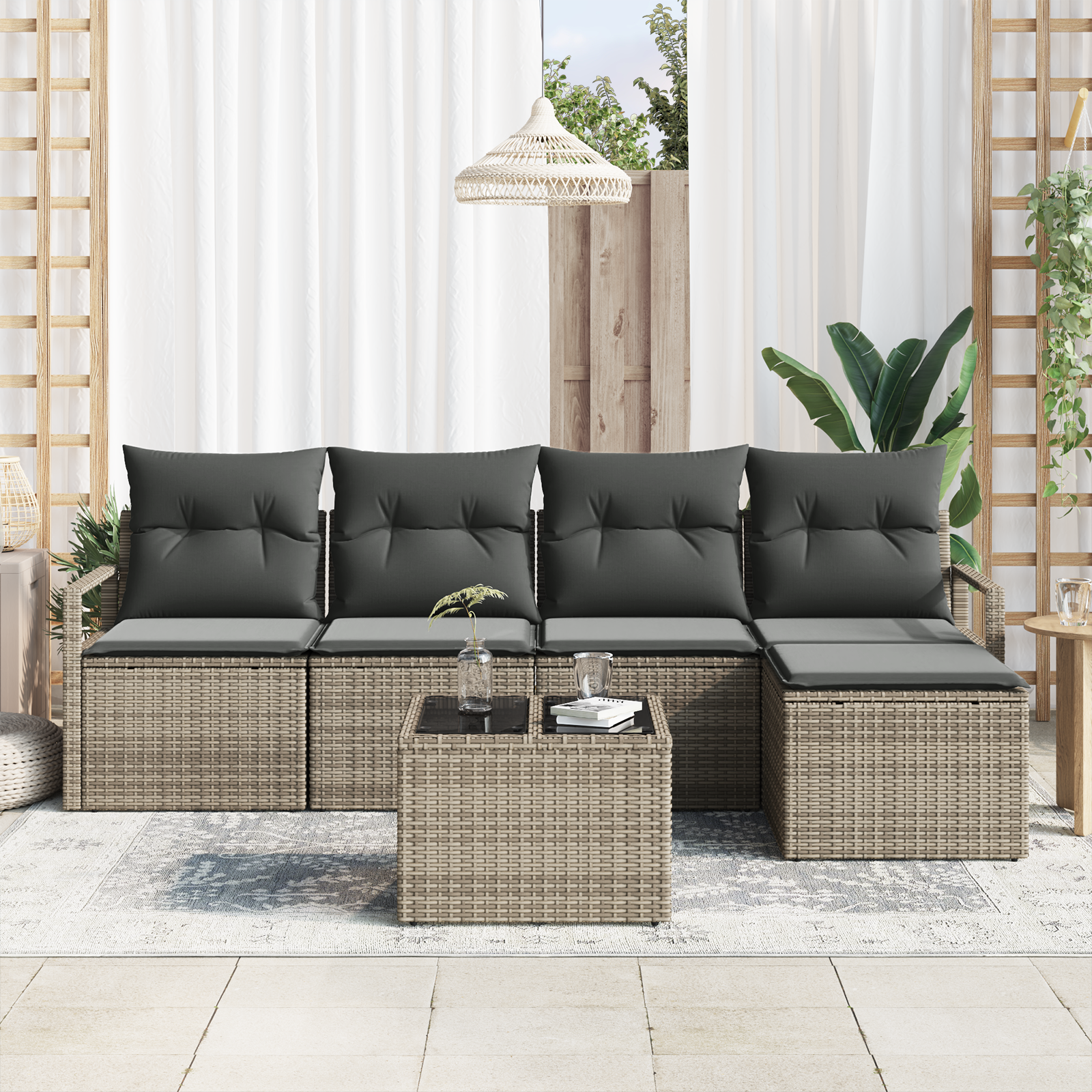 vidaXL 5-delige Tuinbankenset met kussens poly rattan zwart