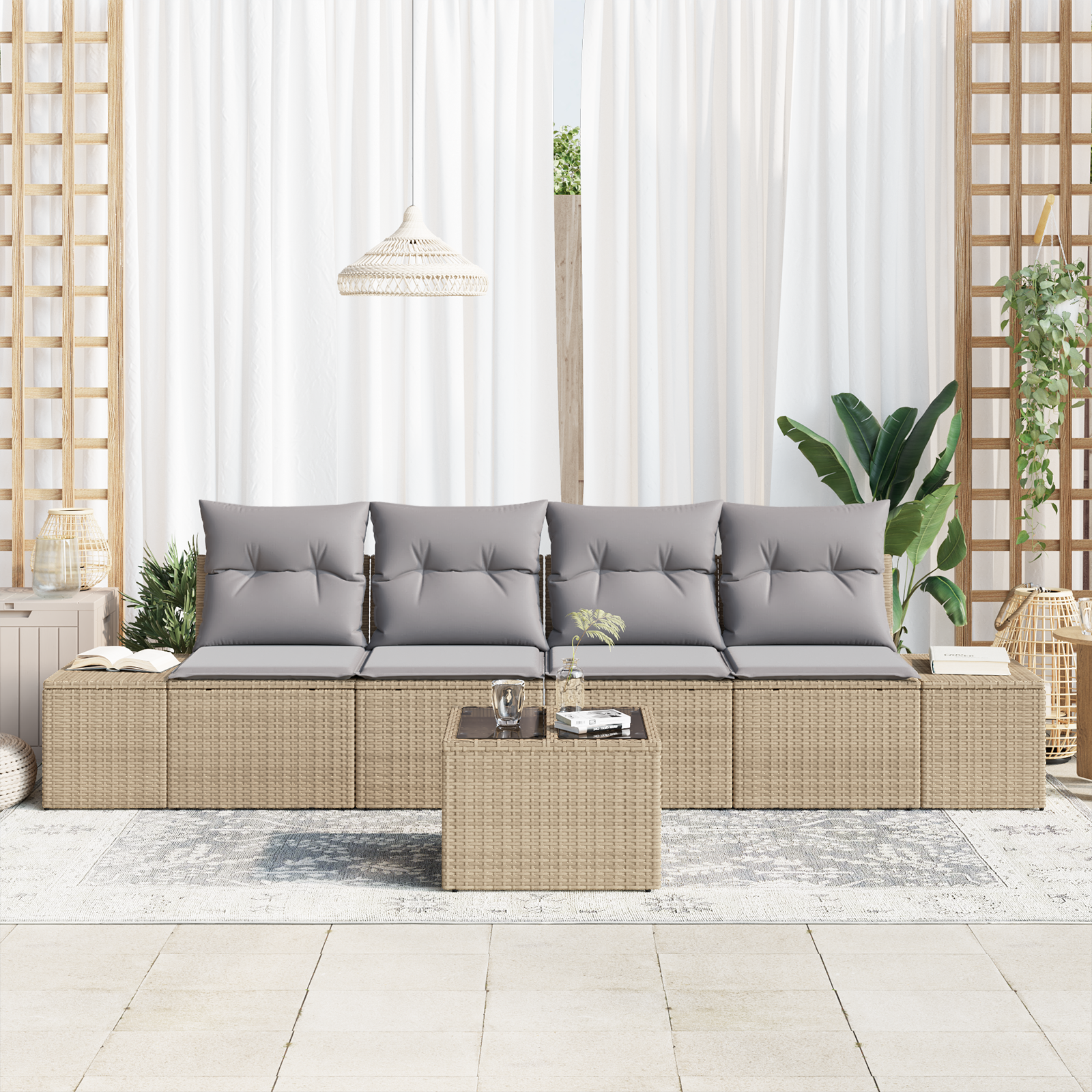 vidaXL 5-delige tuinset met kussens in beige poly rattan