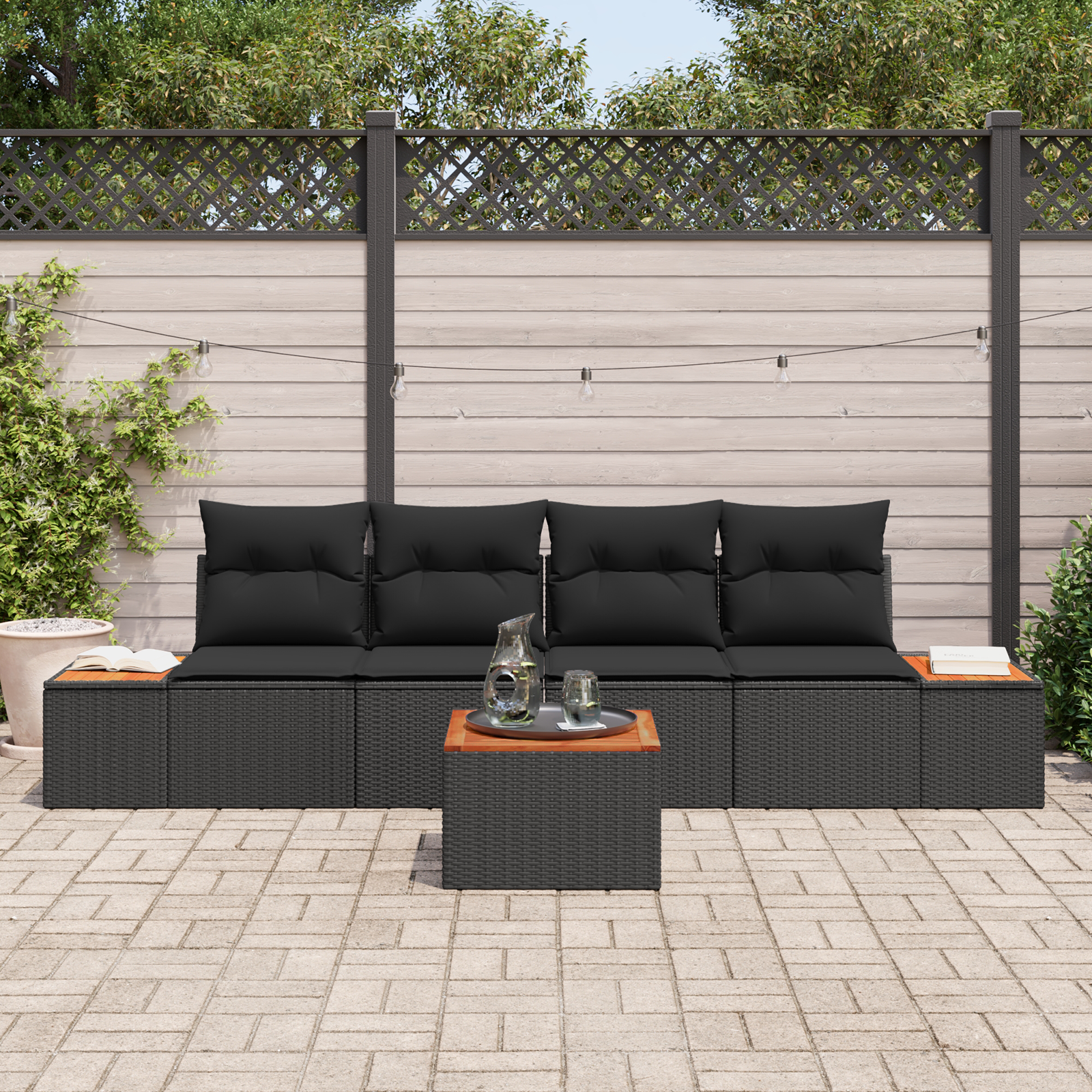 vidaXL 5-delige tuinset met kussens - zwart poly rattan en acaciahout
