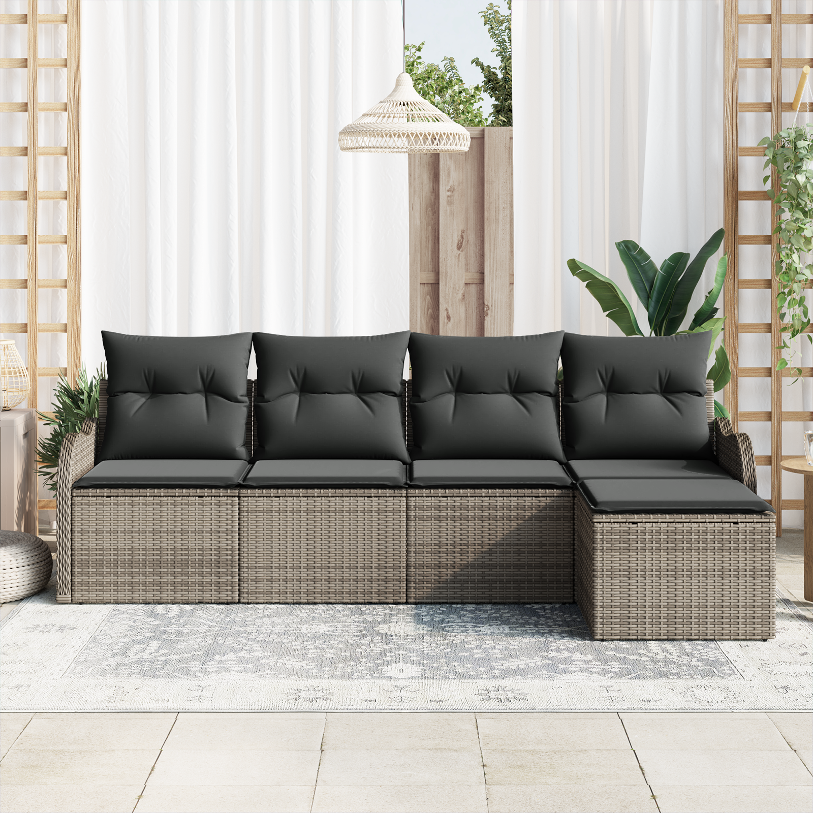 vidaXL 5-delige tuinset met kussens in grijs poly rattan